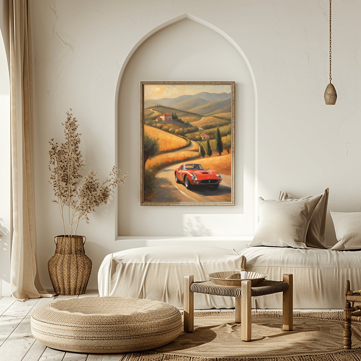 Italian hills canvas artwork by AquilVision showing a vintage red car on a winding road through rolling hills