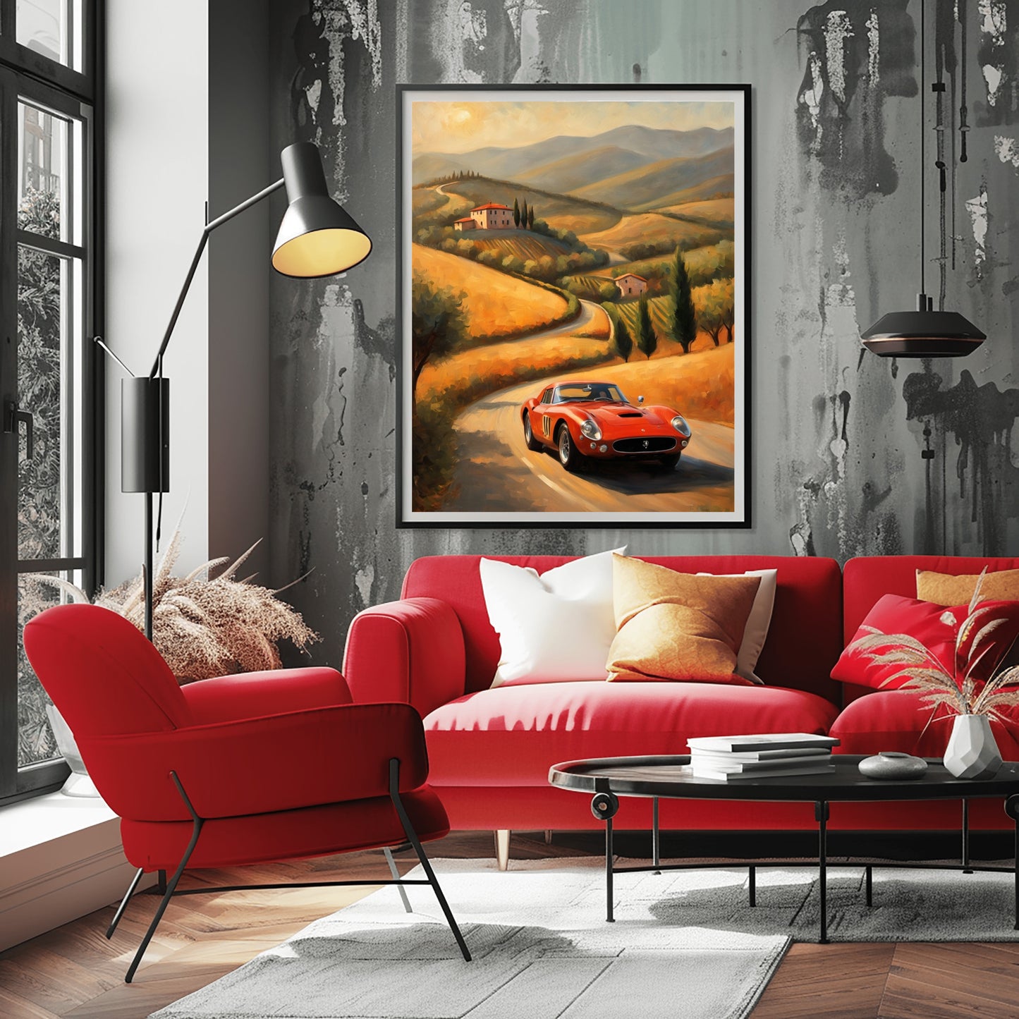 Italian hills canvas artwork displayed above red sofa in modern living room with floor lamp and large windows