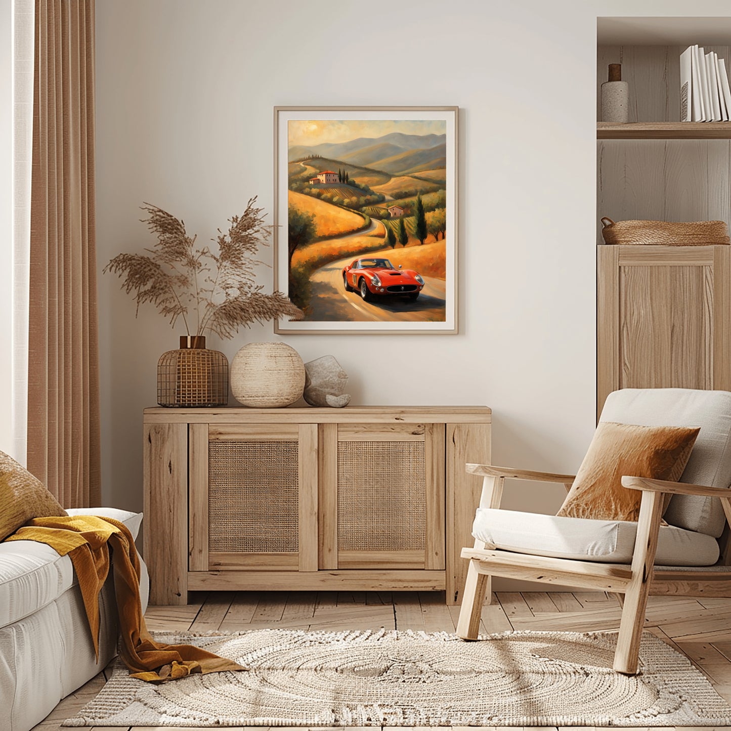 Italian hills canvas artwork by AquilVision featuring a red car on a winding road in a warm-toned landscape