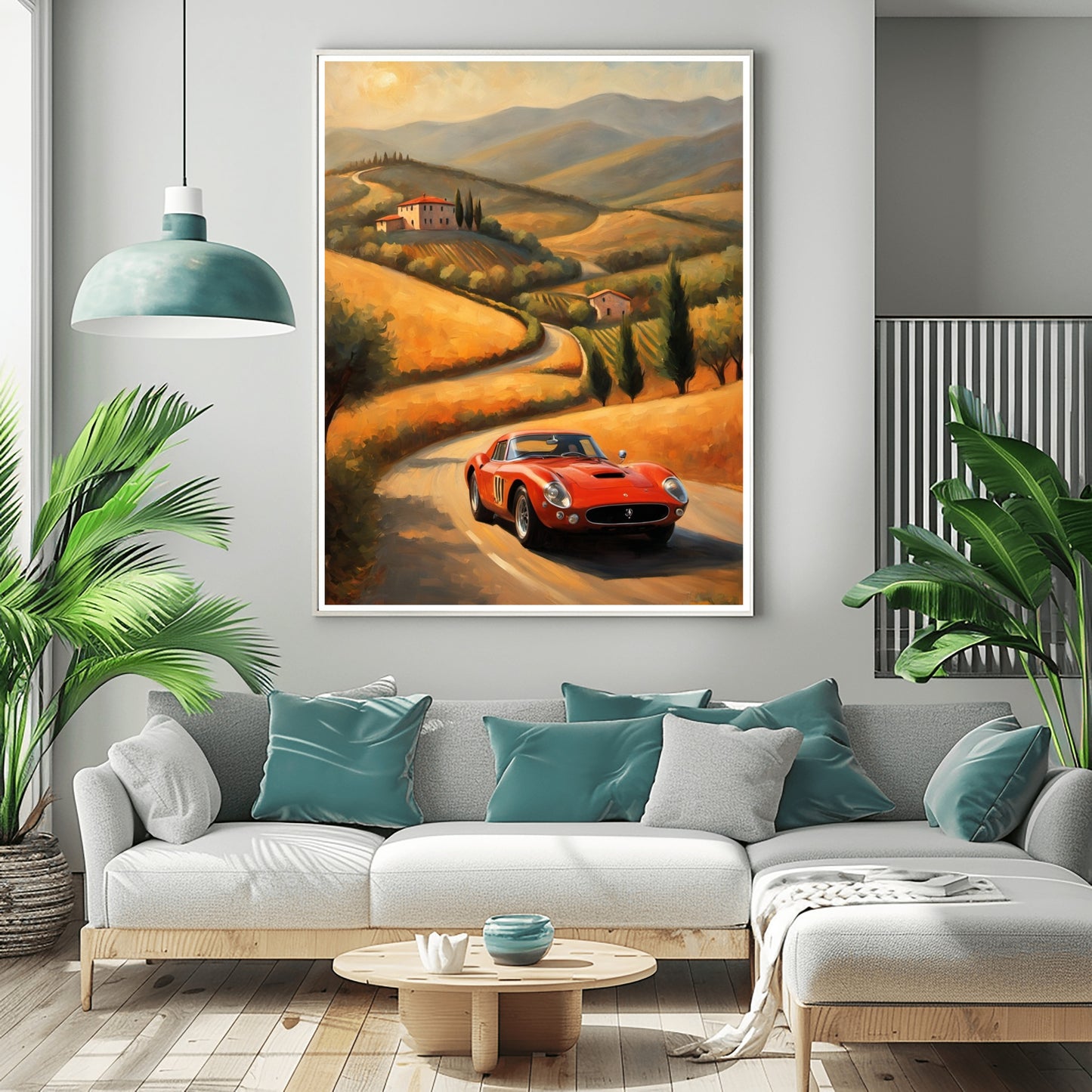 Italian hills canvas artwork featuring a vintage red car on a winding road through scenic hills