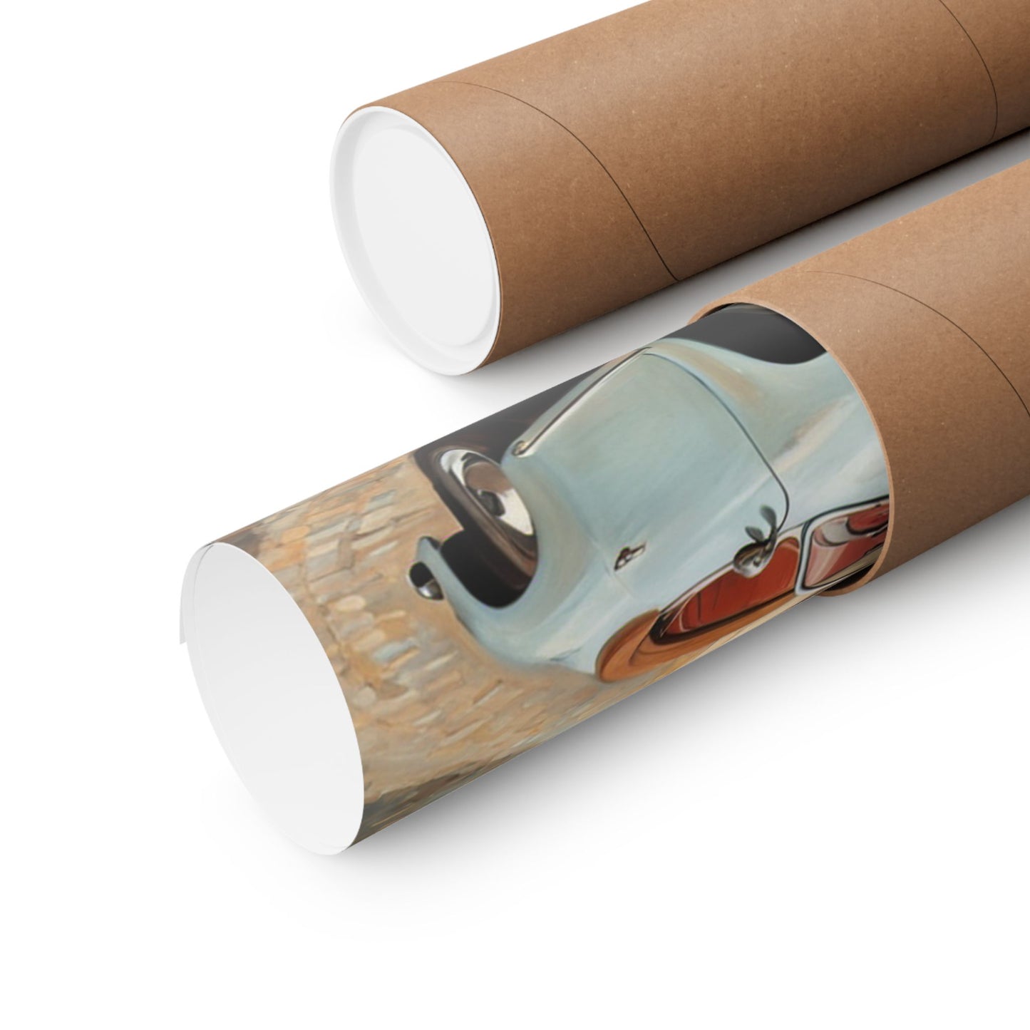 Italian landscape car poster rolled in a protective tube, showcasing scenic artwork