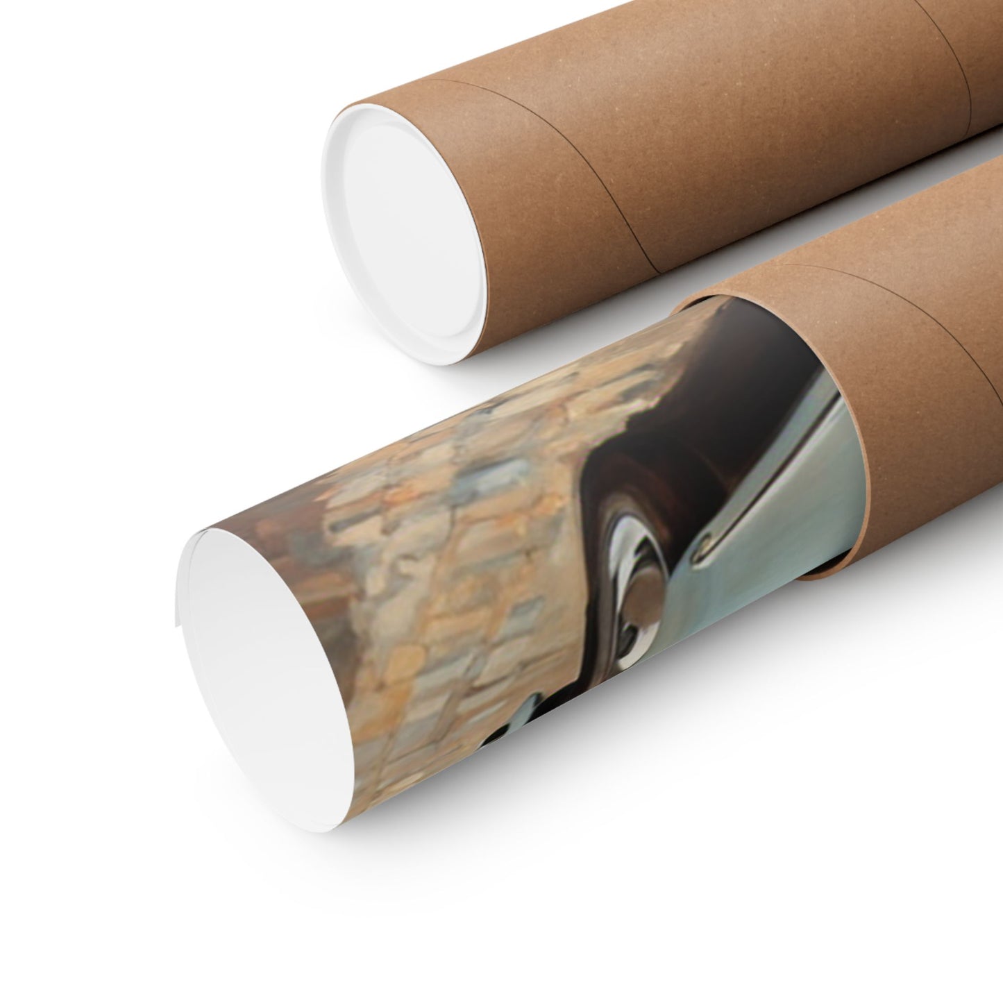 Rolled Italian landscape car poster in tube packaging for easy storage and transportation