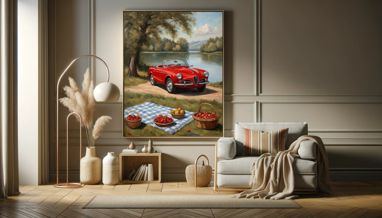 Lakeside picnic oil painting print by AquilVision featuring a red classic car and picnic scene