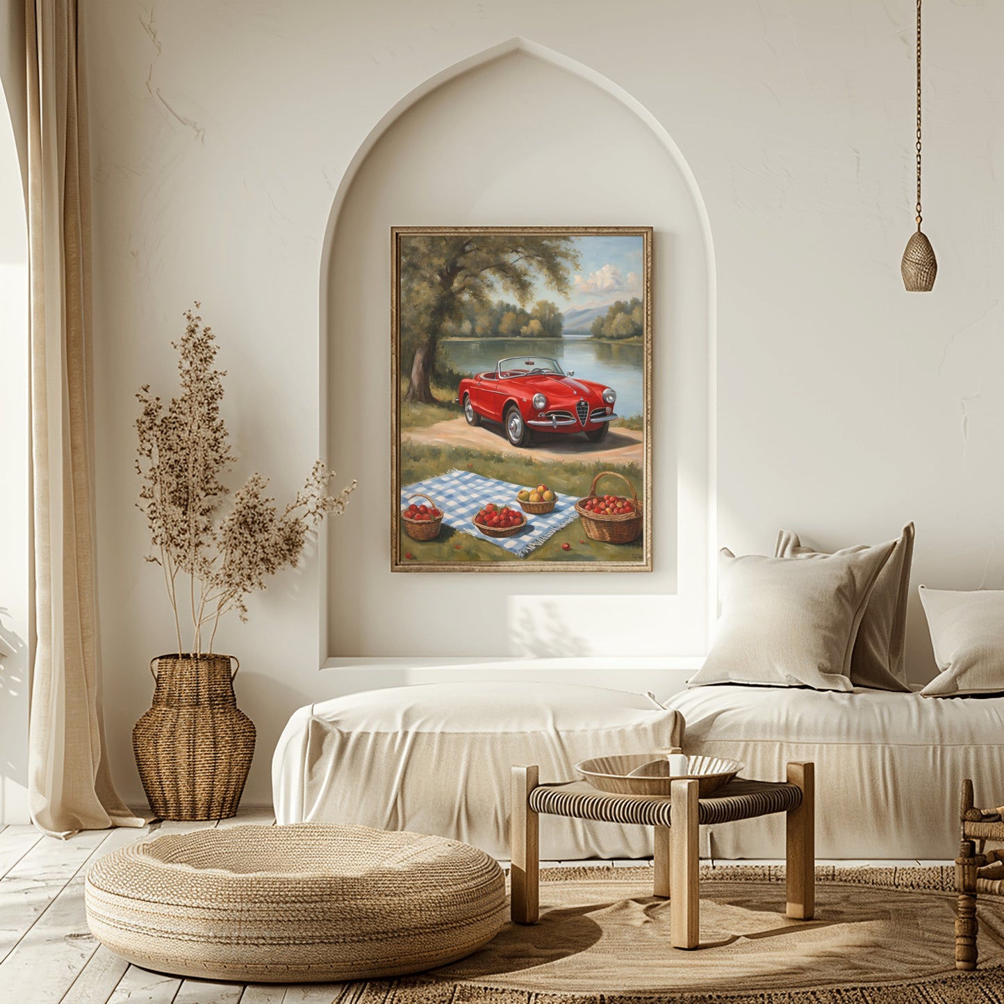 Lakeside picnic oil painting print by AquilVision featuring a red vintage car and picnic setup