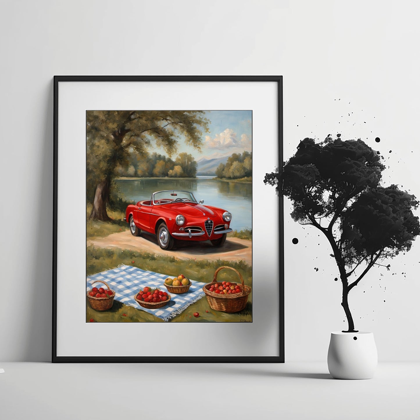 AquilVision lakeside picnic oil painting print featuring a red vintage car and picnic baskets by a lake