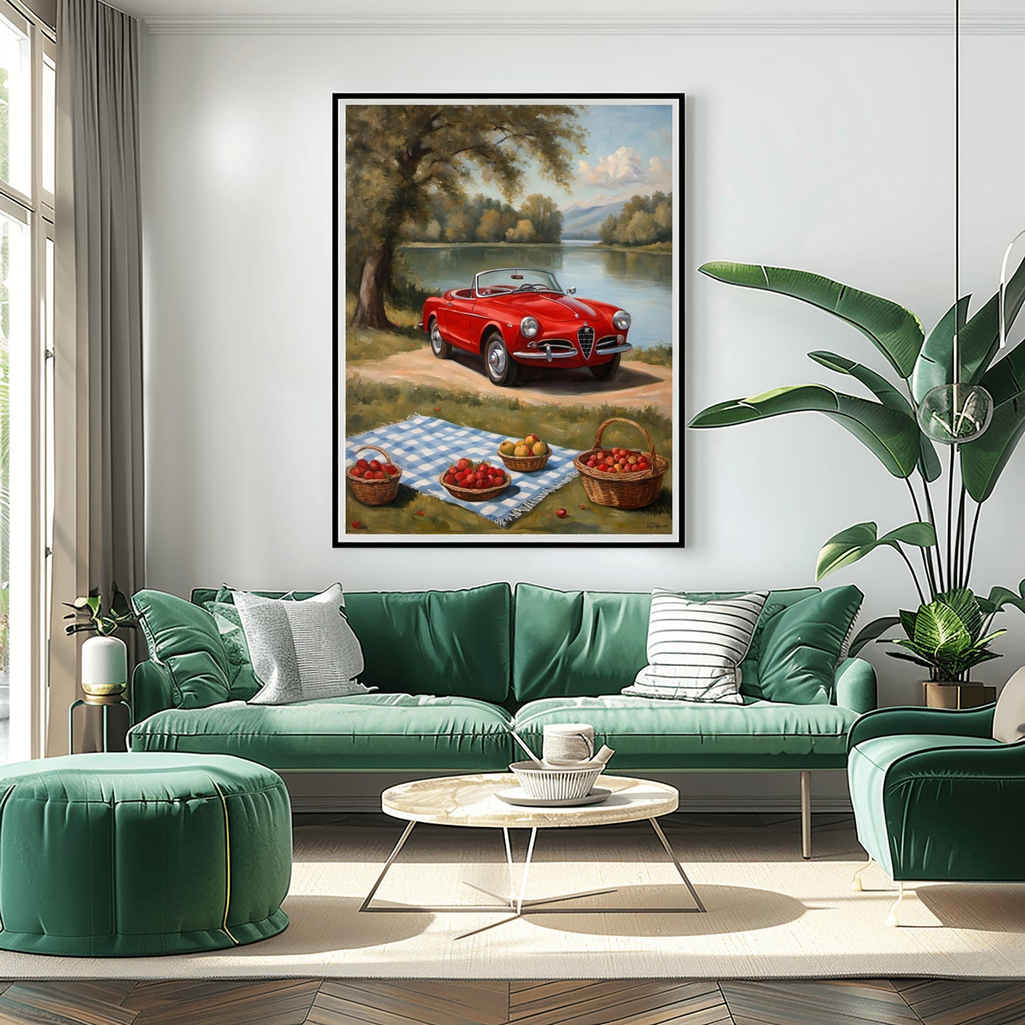 Framed lakeside picnic oil painting print featuring a red vintage car and picnic scene in modern living room