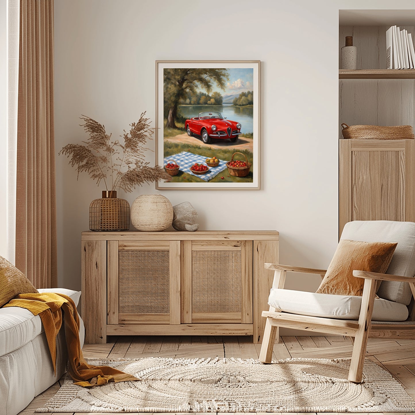 Lakeside picnic oil painting print by AquilVision featuring a red vintage car by a picnic spot on a lake