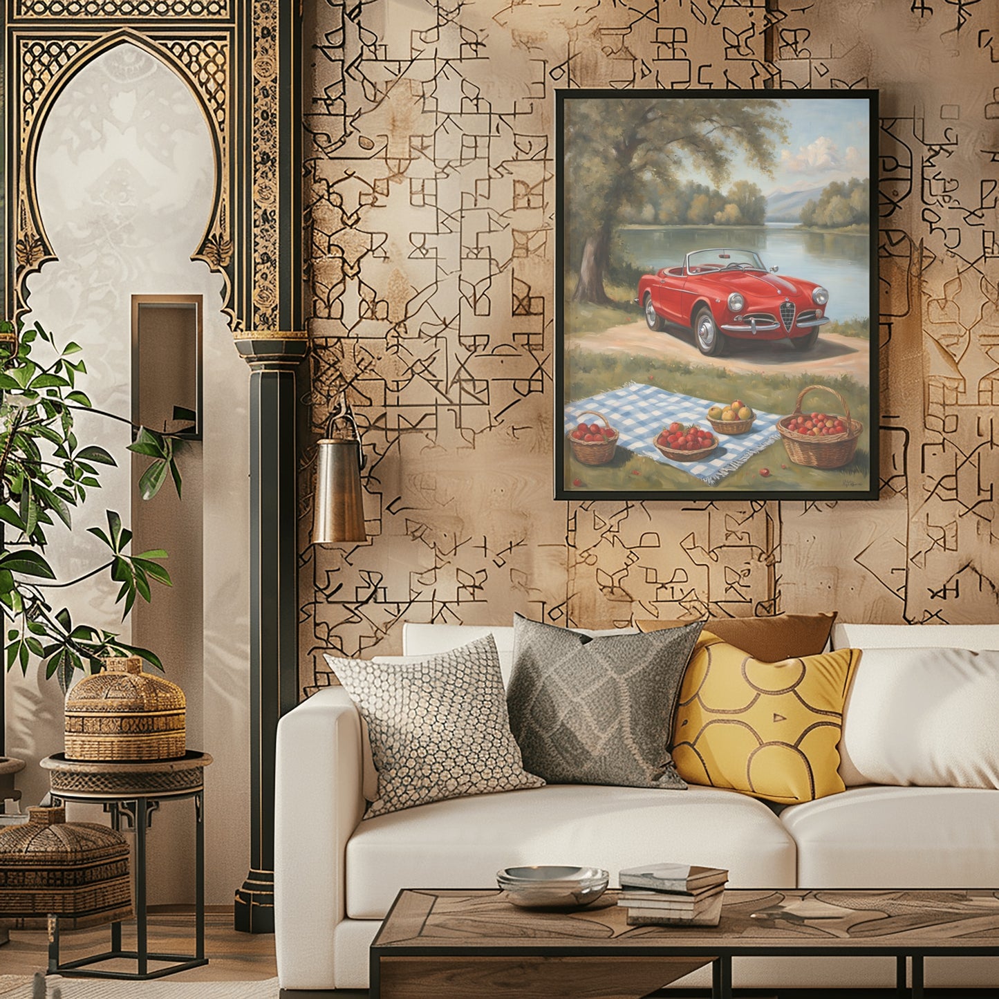 Lakeside picnic oil painting print by AquilVision featuring a red vintage car and picnic basket over a river scene