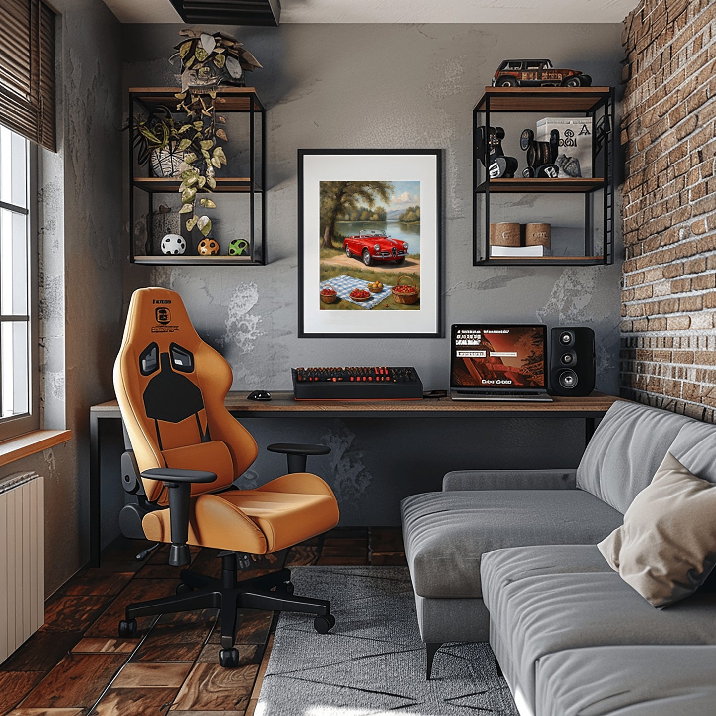 Lakeside picnic oil painting print by AquilVision framed on wall above desk in modern cozy room