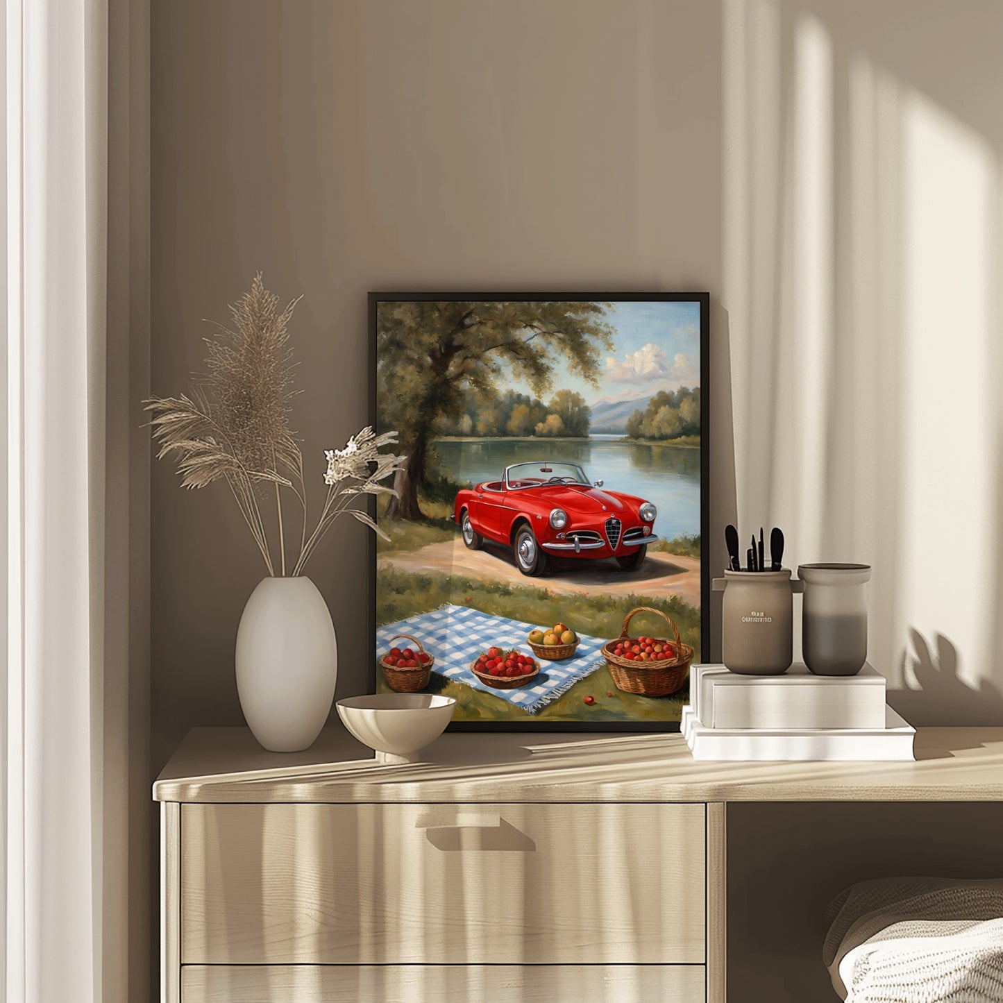 AquilVision lakeside picnic oil painting print featuring a red vintage car by a lake with picnic setup on a blue checkered blanket