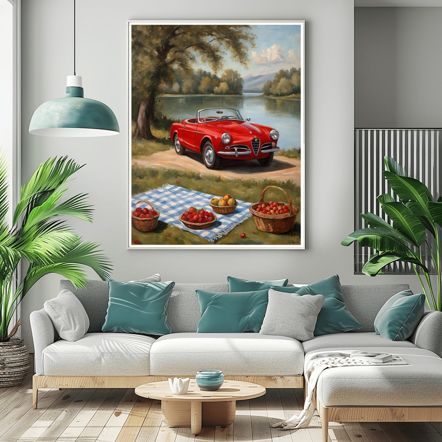 lakeside picnic oil painting print featuring a red vintage car by a lake with picnic baskets on a blue checkered blanket