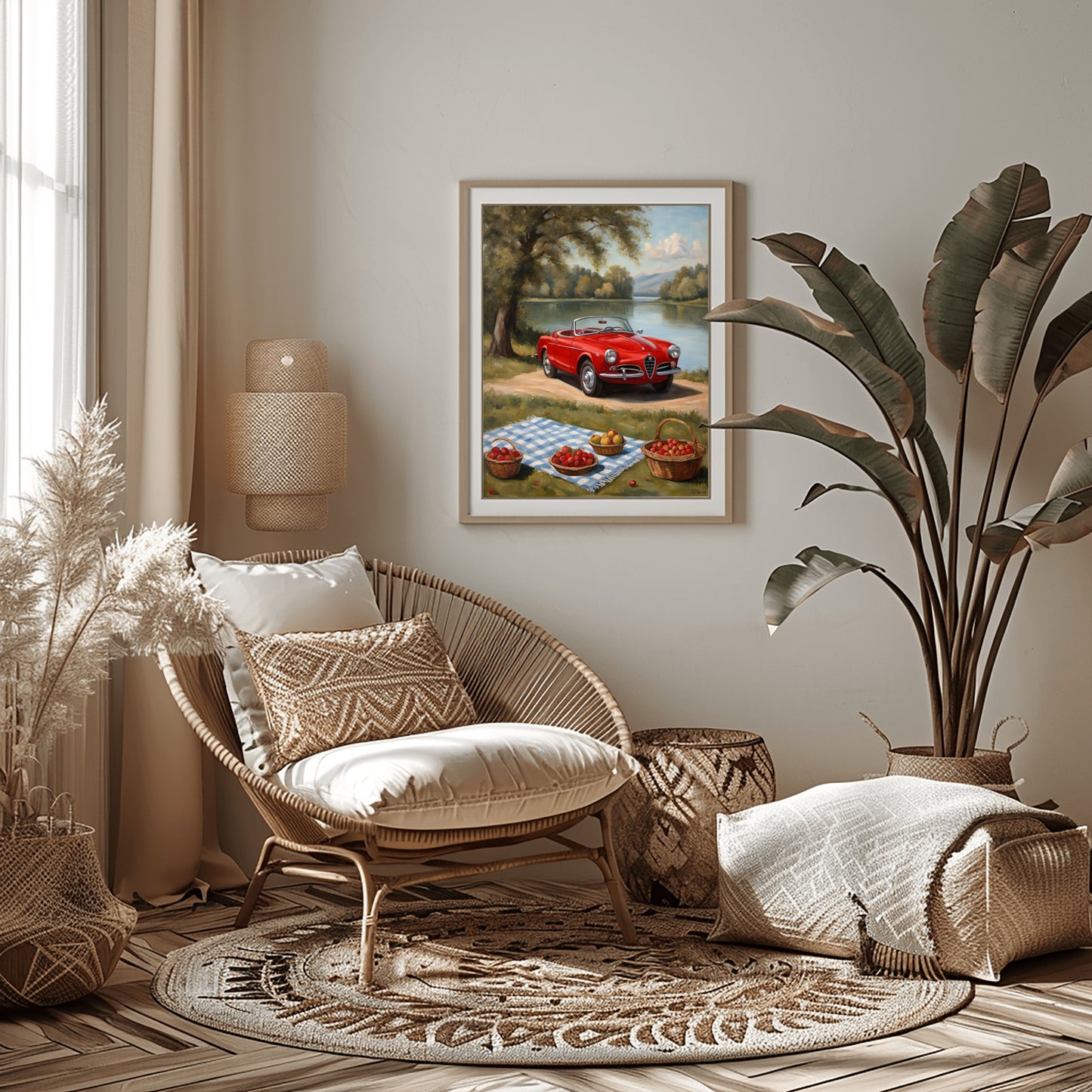AquilVision lakeside picnic oil painting print featuring a red vintage car and picnic scene on a wall in a cozy modern living room