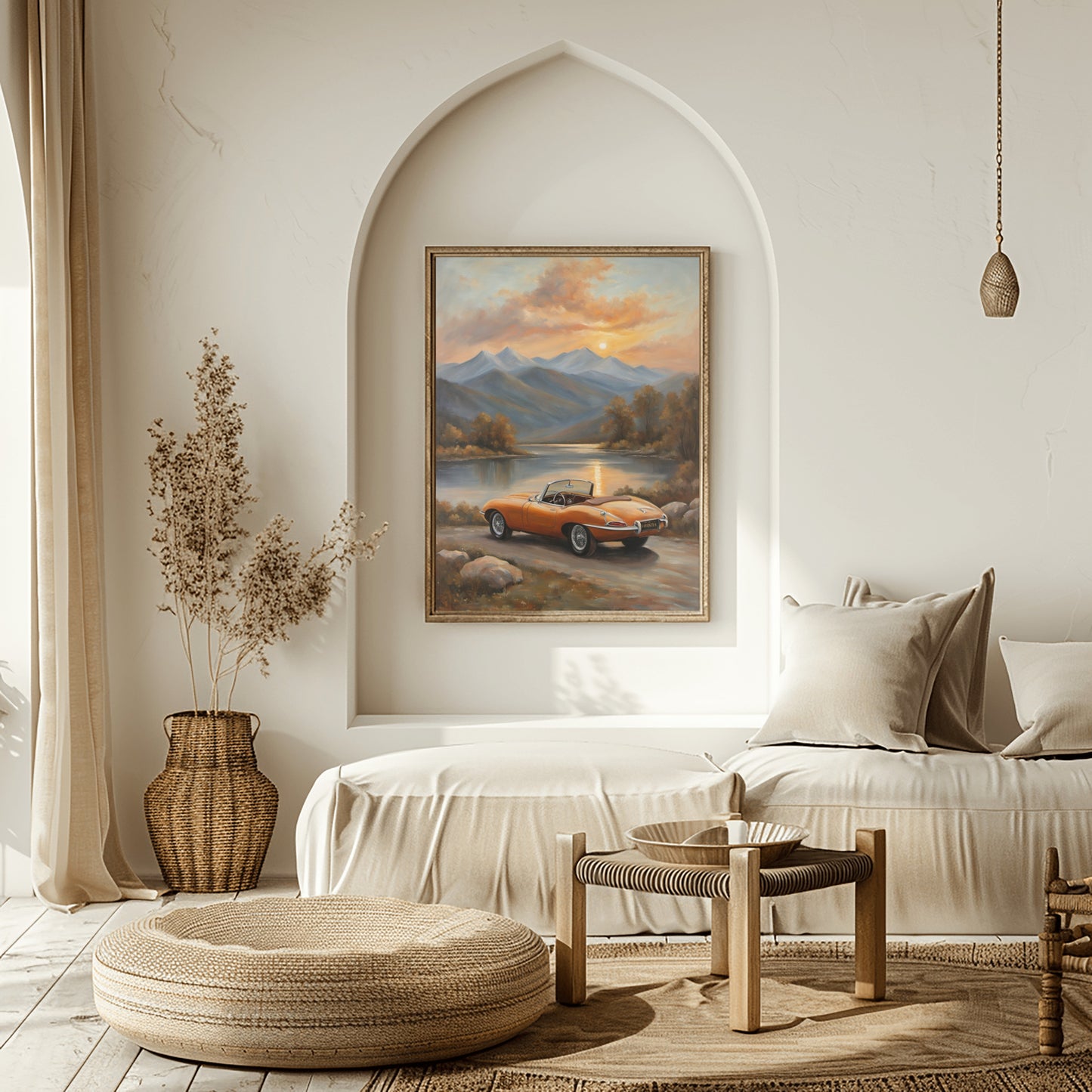AquilVision lakeside sunset wall art featuring a vintage car by the lake under a colorful sunset in a cozy neutral living room