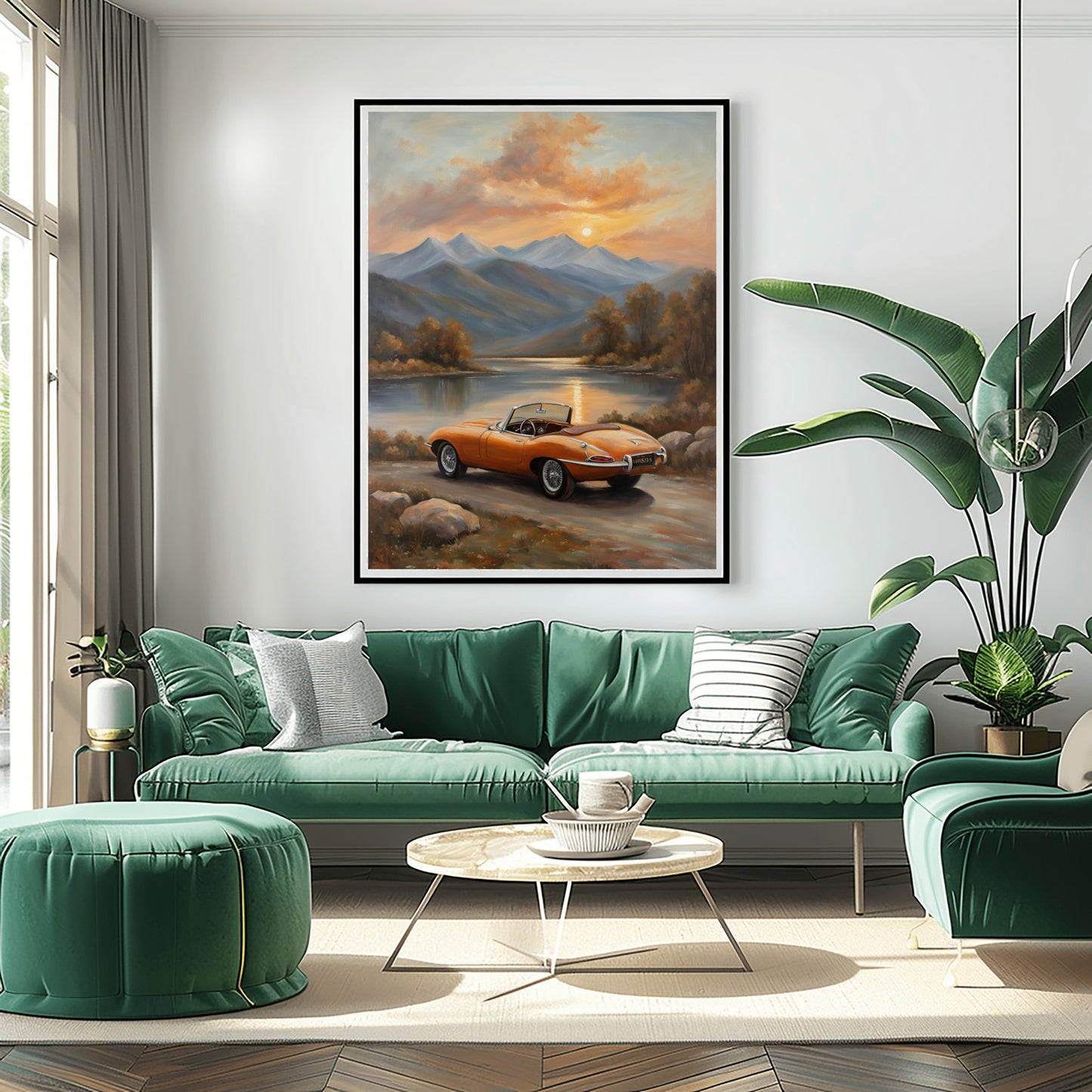 Lakeside sunset wall art by AquilVision featuring a classic orange car near a lake at sunset in a modern living room