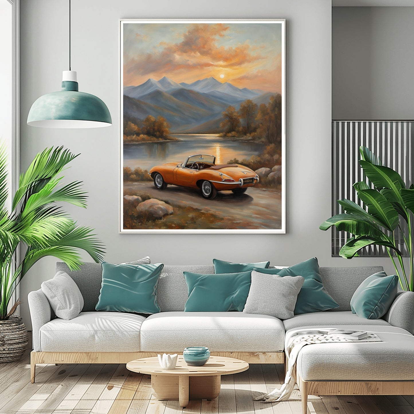 AquilVision lakeside sunset wall art featuring an orange vintage car by a peaceful lake and mountains in a modern living room