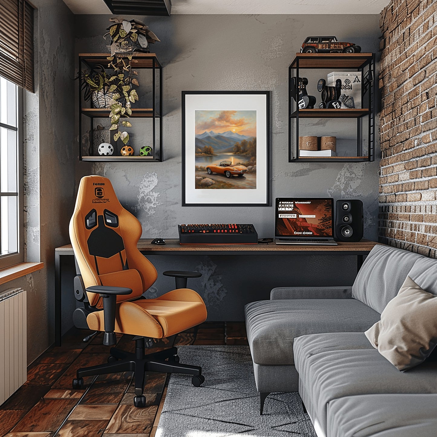 Cozy home office with lakeside sunset wall art above desk featuring computer and orange gaming chair