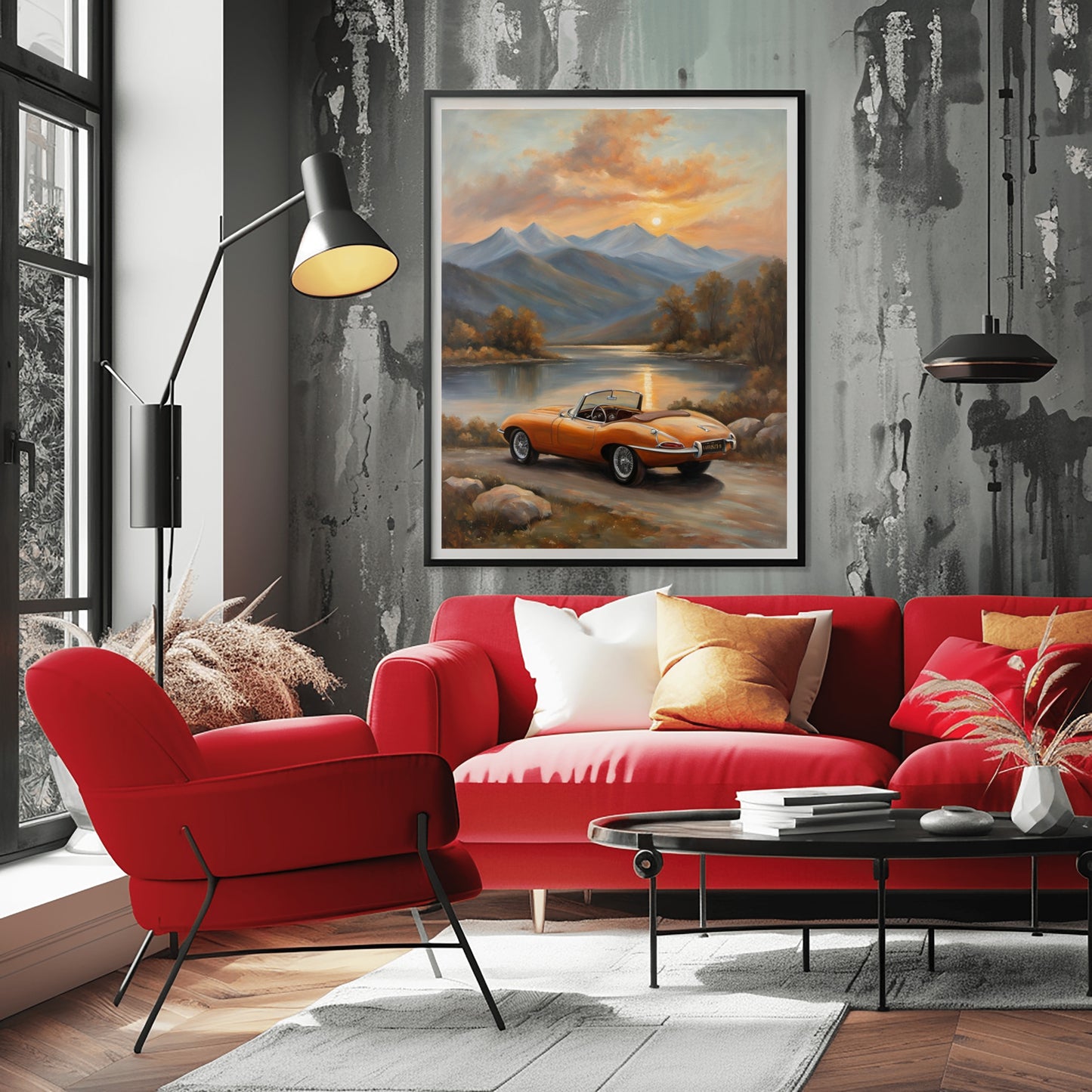 AquilVision digital lakeside sunset wall art featuring a vintage car by a lake with mountains in the background