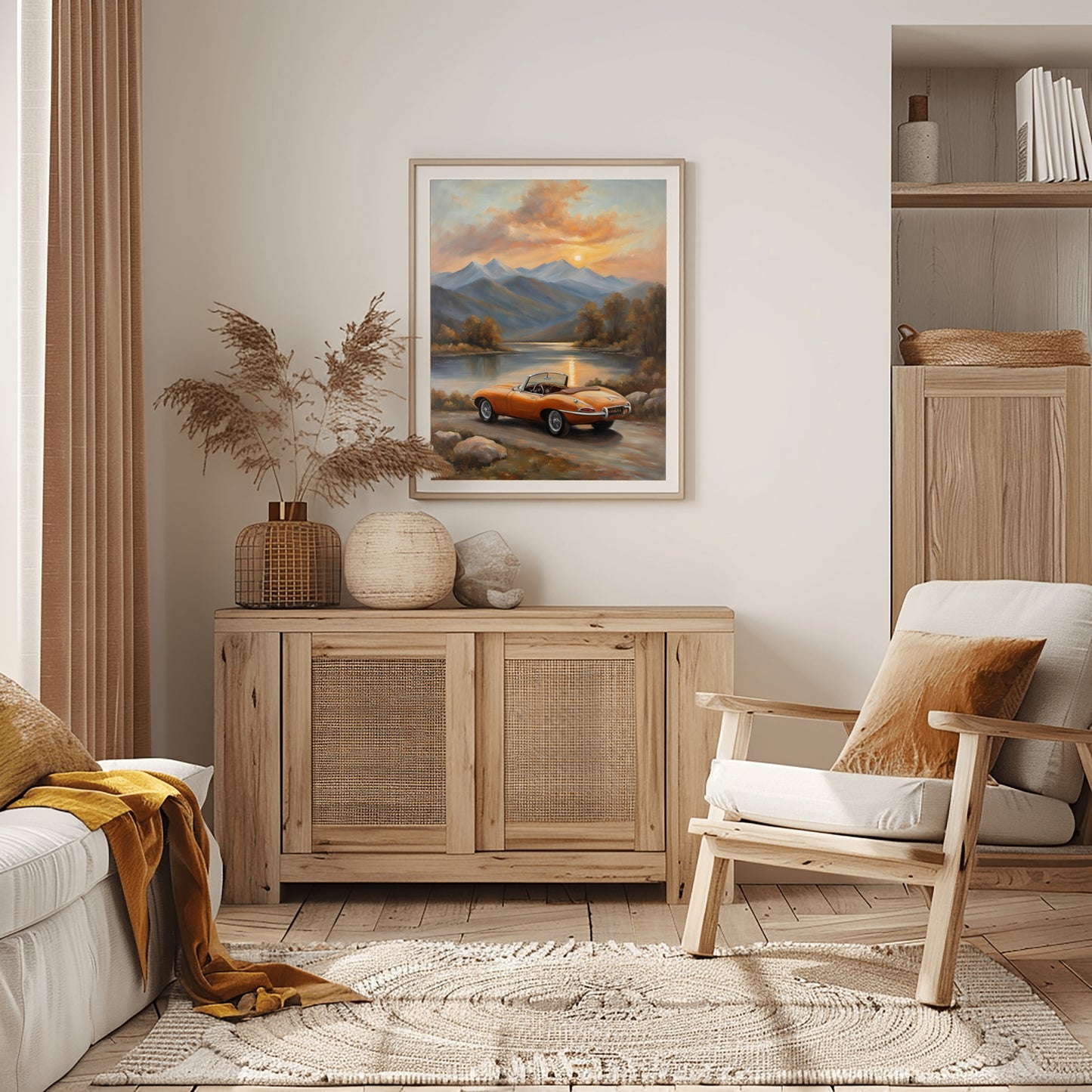 Lakeside sunset wall art featuring a vintage orange car parked by a lake with mountains in the background