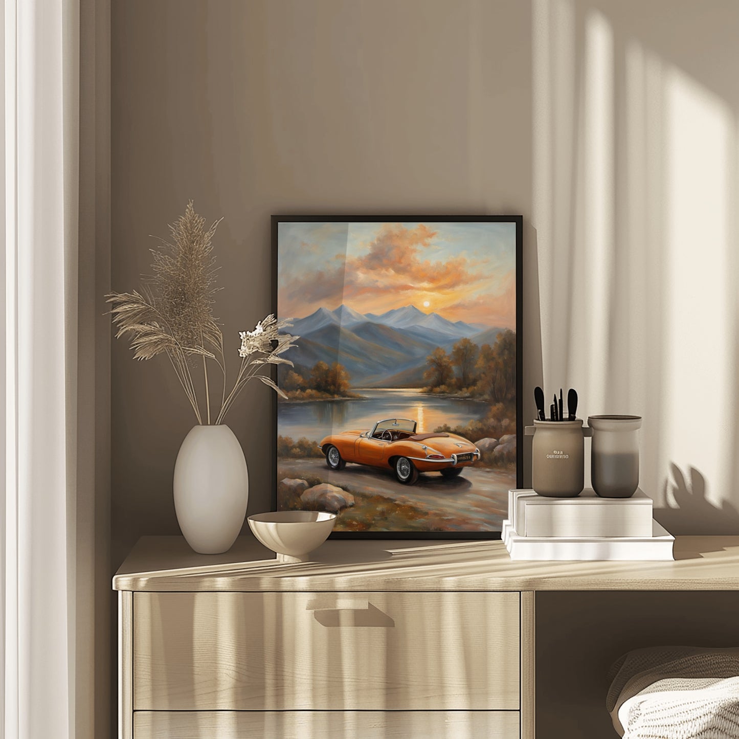 AquilVision lakeside sunset wall art print featuring a vintage orange car by a serene lake with mountains in the background