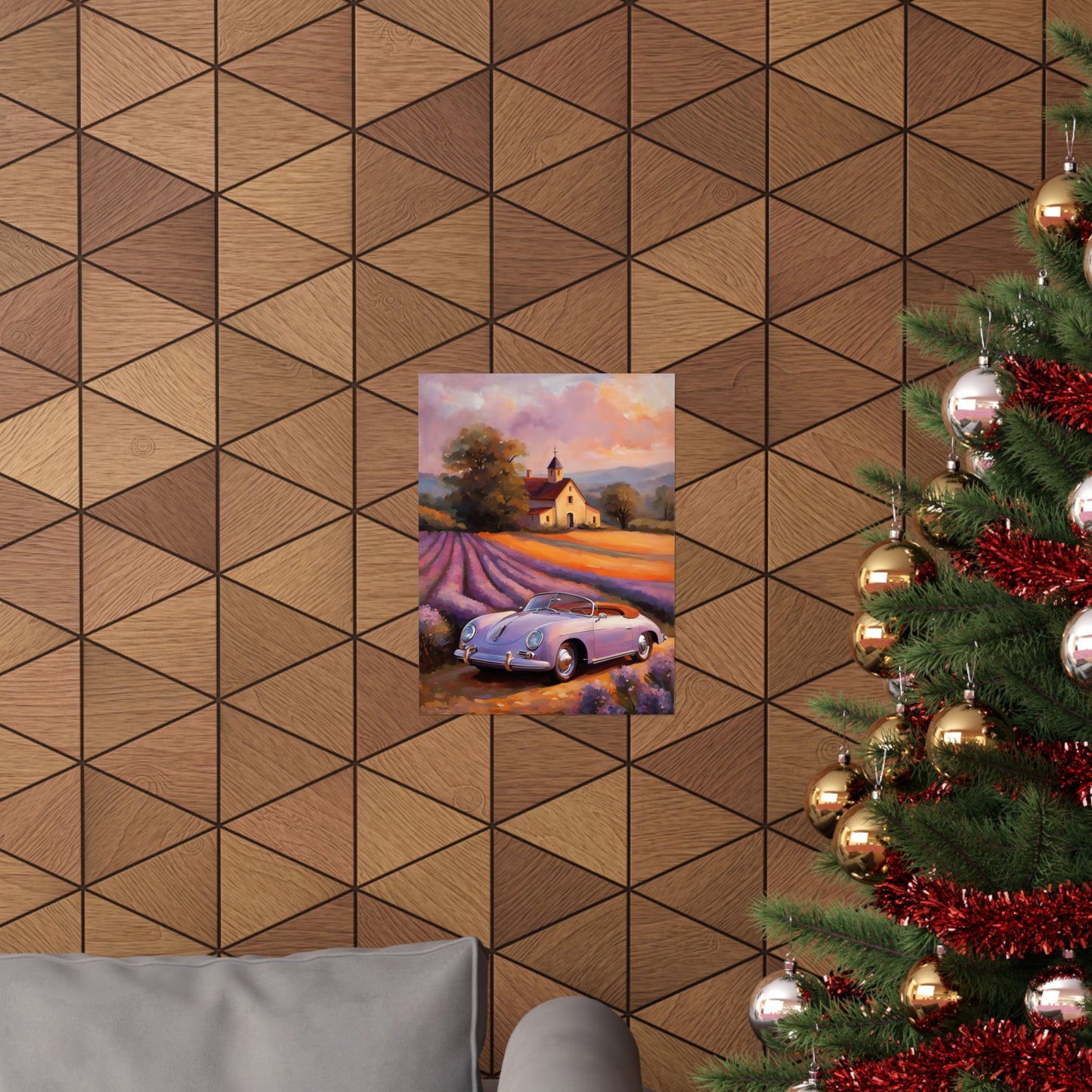 Lavender field car poster featuring a vintage car in a scenic lavender landscape