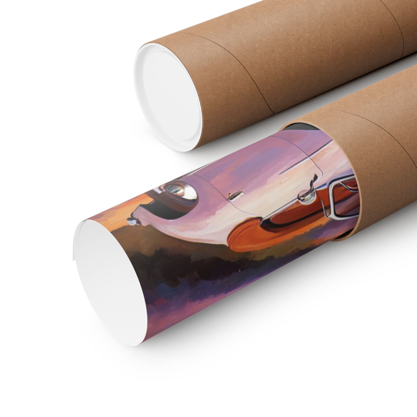 Lavender field car poster rolled up in a tube for easy storage and display