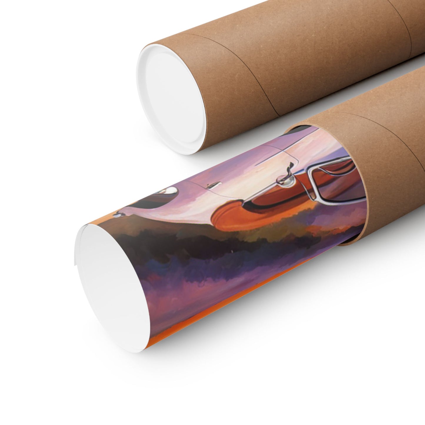Lavender field car poster rolled in natural kraft paper tubes by Printify for vibrant home decor