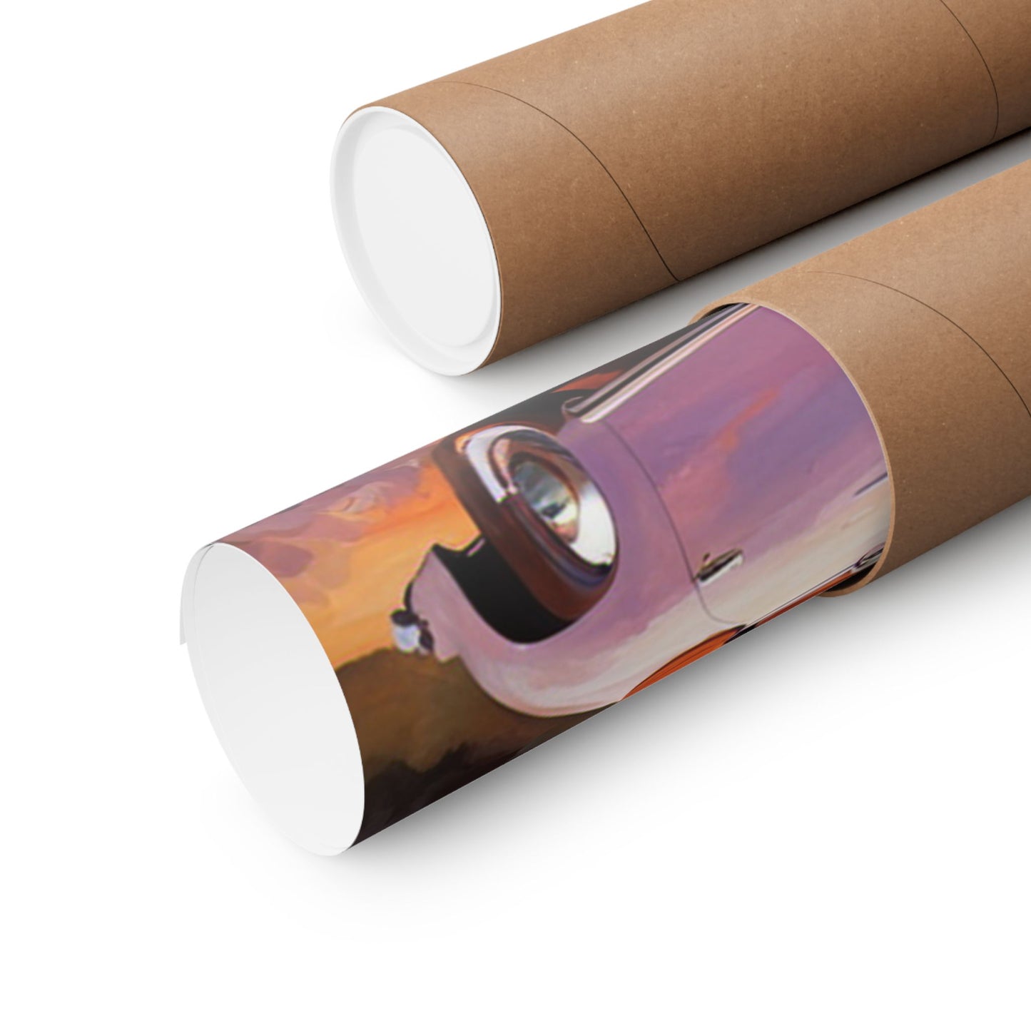 Lavender field car poster rolled and packaged in a brown tube for easy storage and display