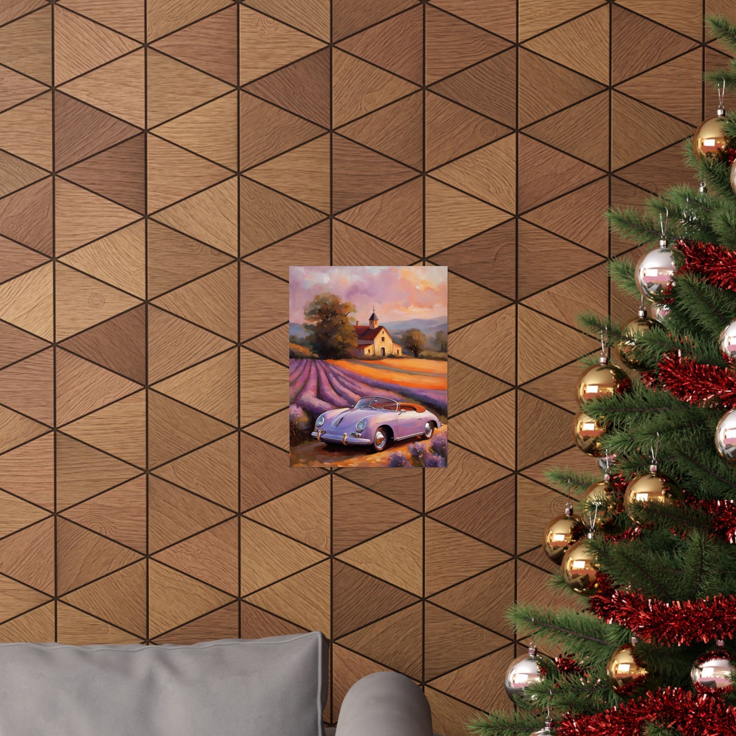Lavender field car poster featuring a vintage car in a scenic landscape on a modern wall
