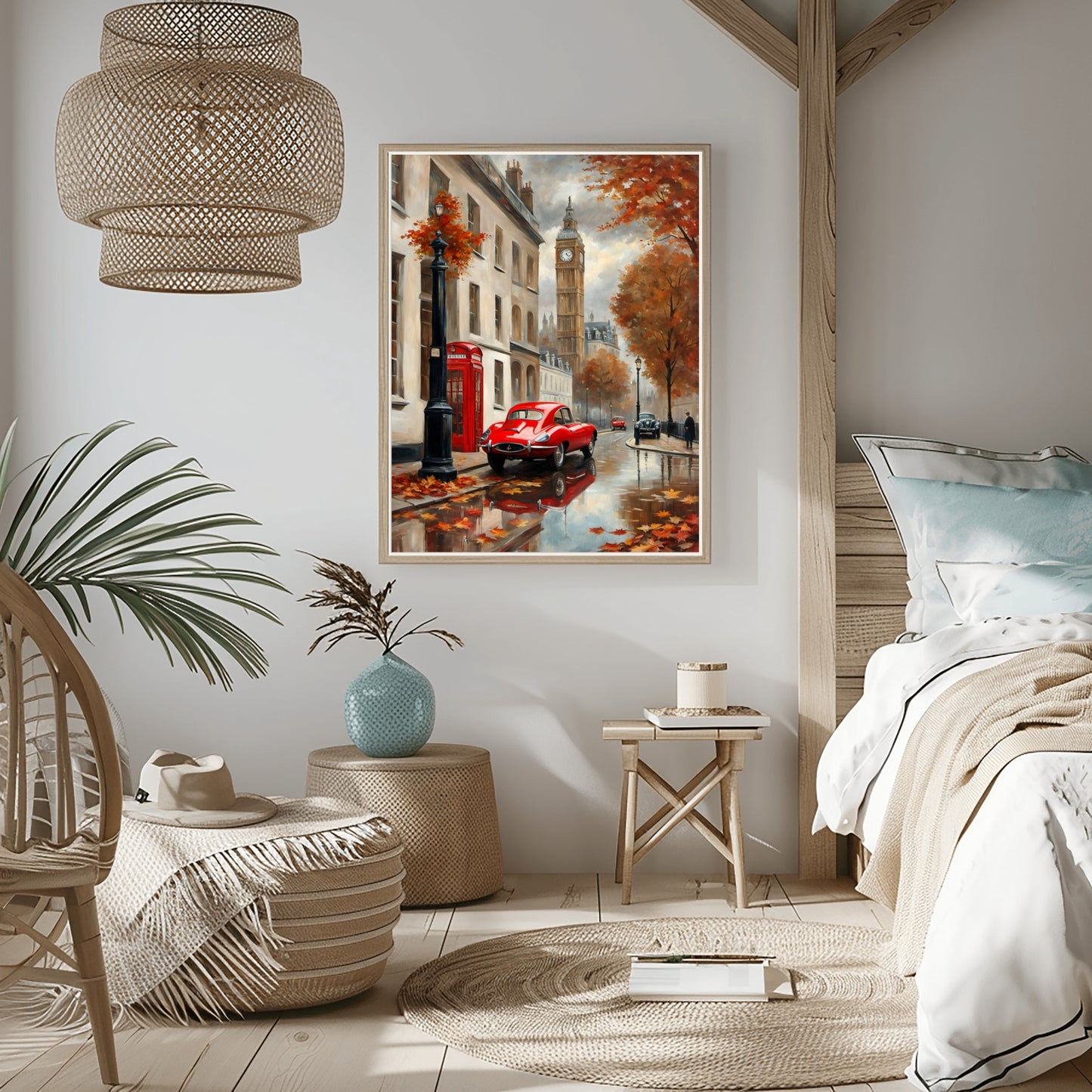 London street scene canvas by AquilVision showing autumn street with Big Ben and red car in cozy modern bedroom