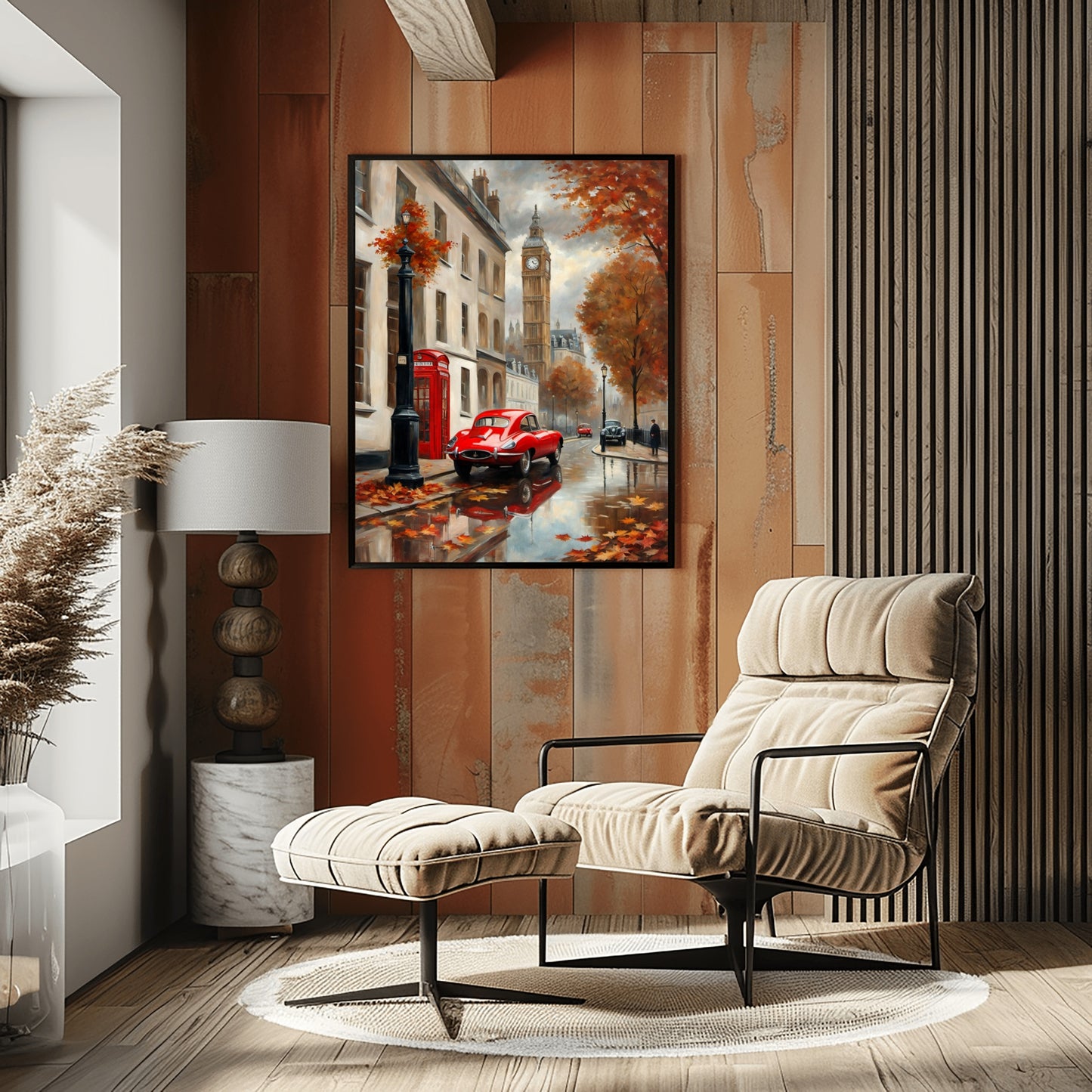 AquilVision London street scene canvas featuring a rainy autumn day with red car and phone booth in modern living room