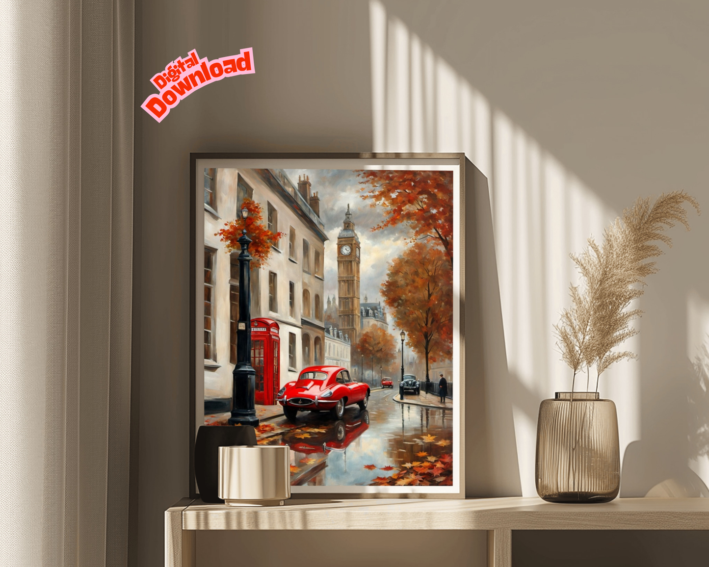 London street scene canvas digital download featuring autumn colors and classic red car by AquilVision
