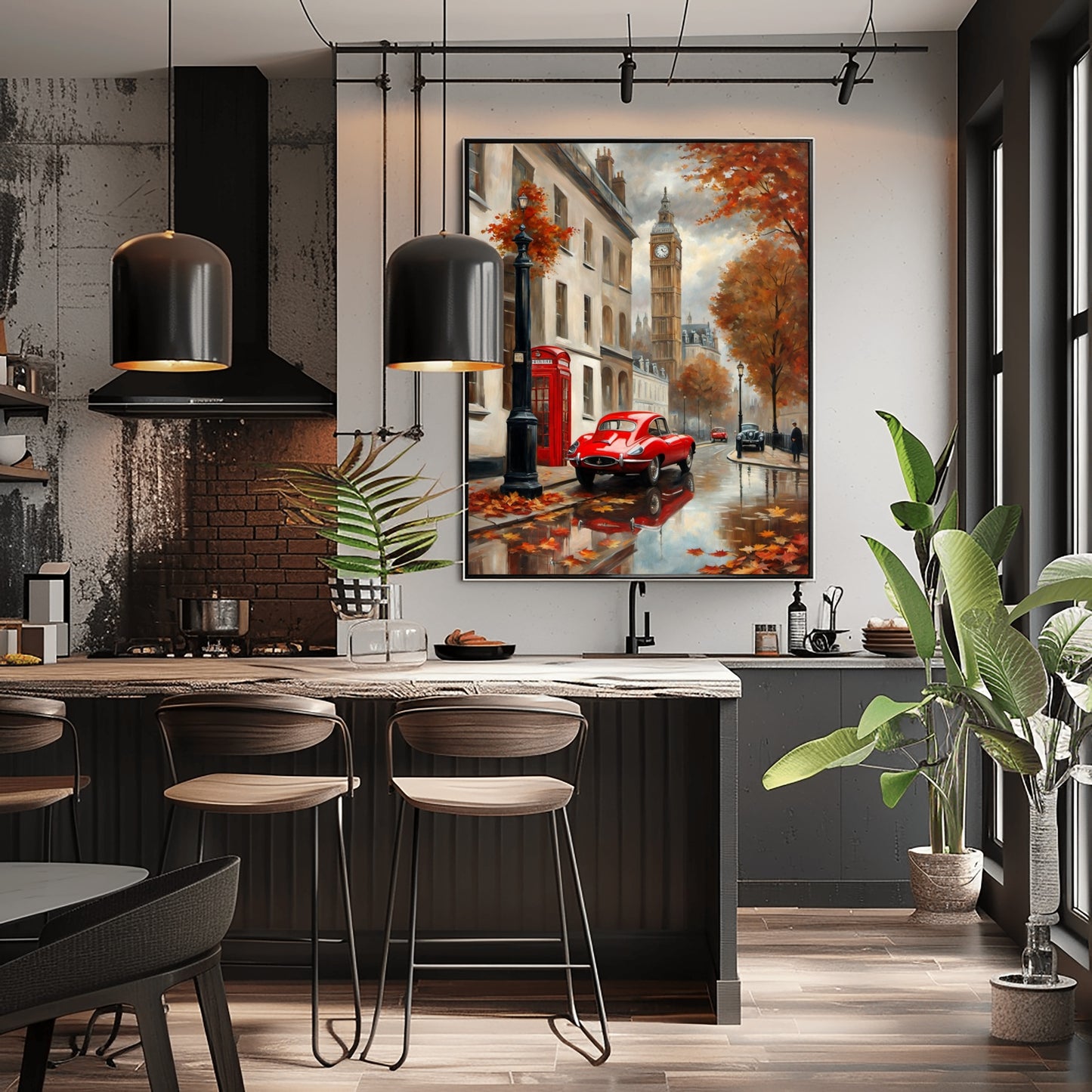 London street scene canvas by AquilVision displayed on kitchen wall with autumn colors and iconic landmarks