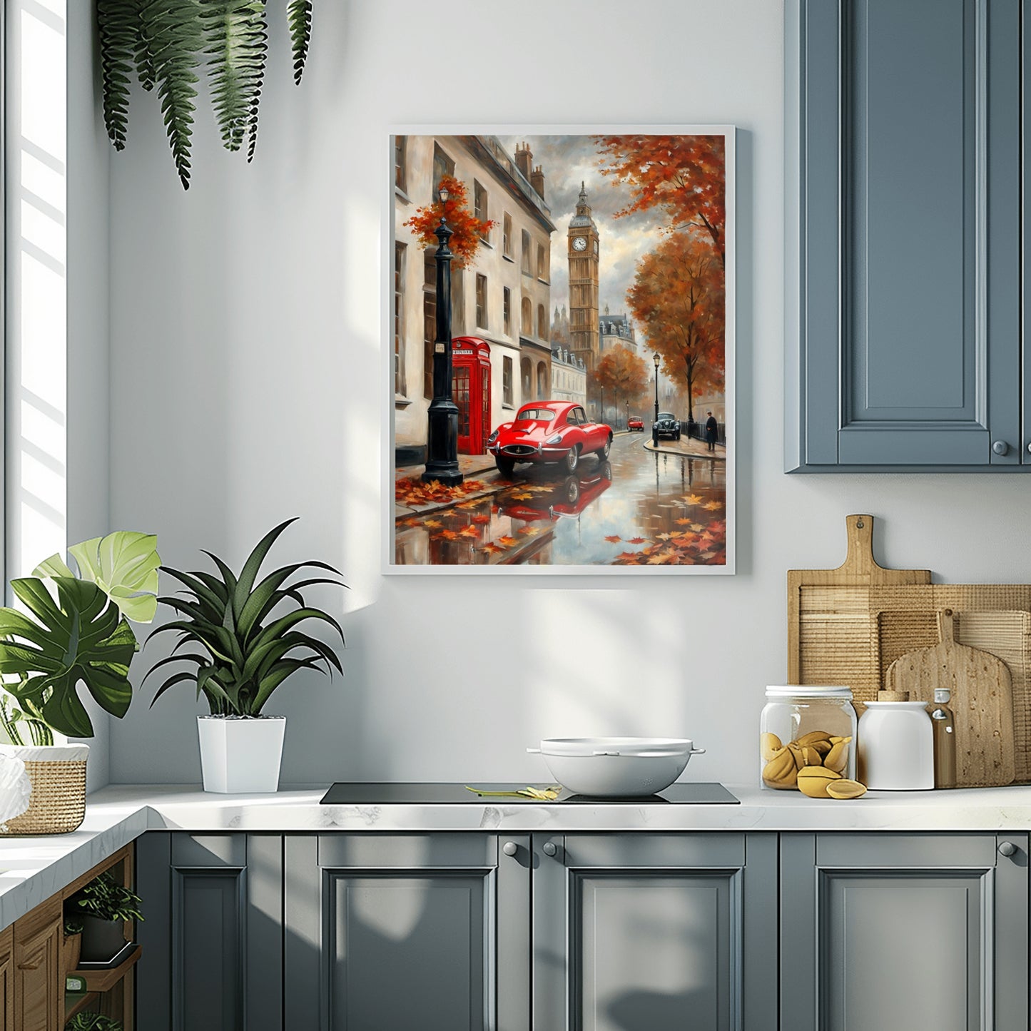 AquilVision London street scene canvas featuring autumn colors and a classic red car in a modern kitchen setting