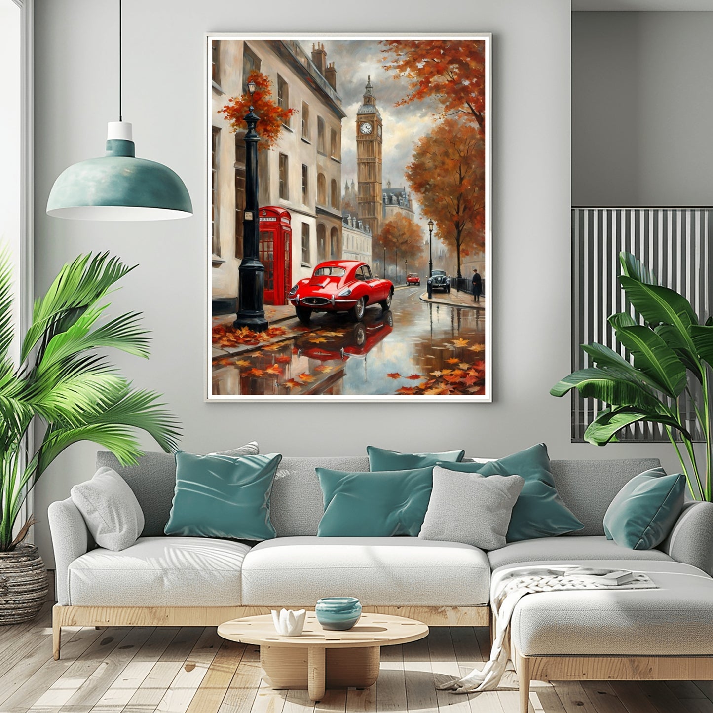 AquilVision London street scene canvas featuring autumn colors with red car and Big Ben wall art in modern living room