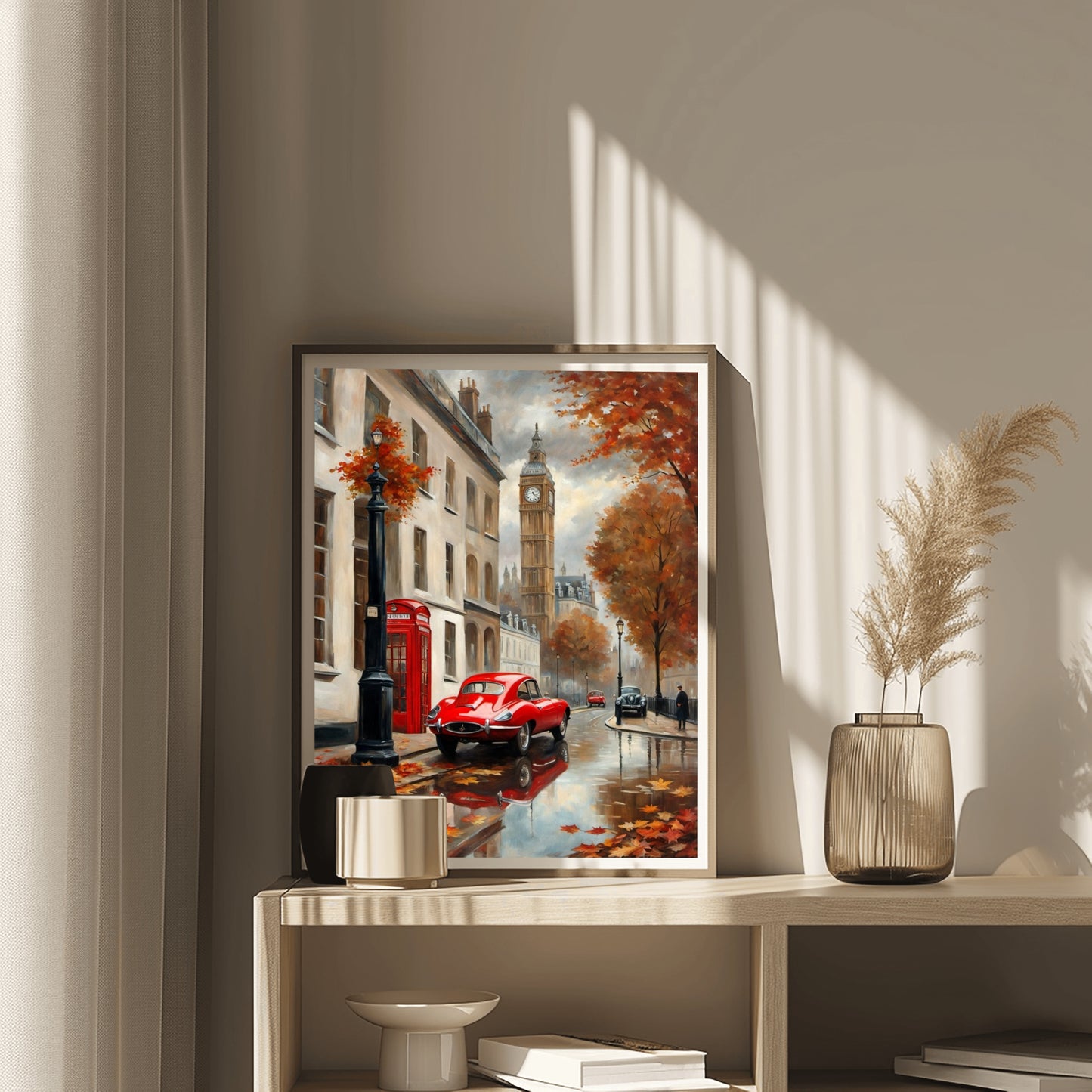 AquilVision London street scene canvas featuring autumn colors, Big Ben, red car, and classic phone booth