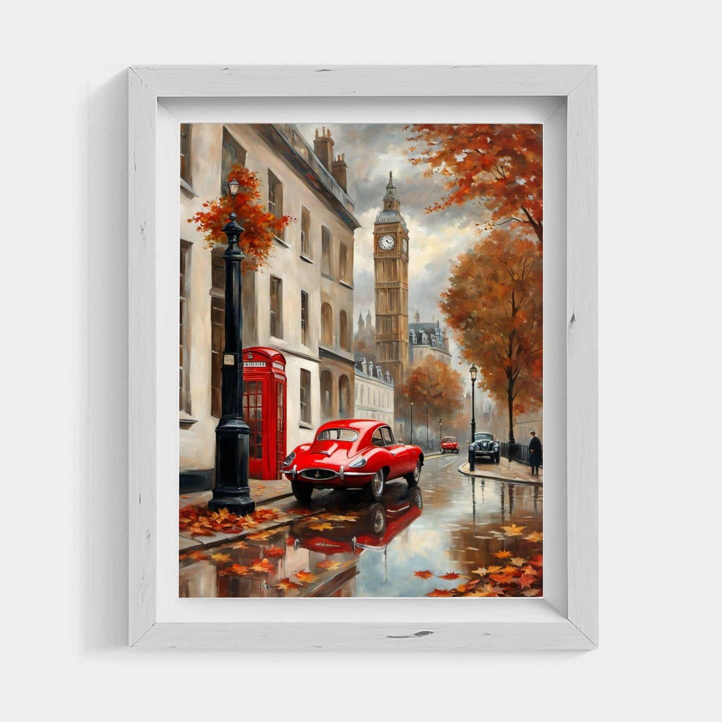 London street scene canvas by AquilVision featuring autumn colors with red car and Big Ben in a white frame