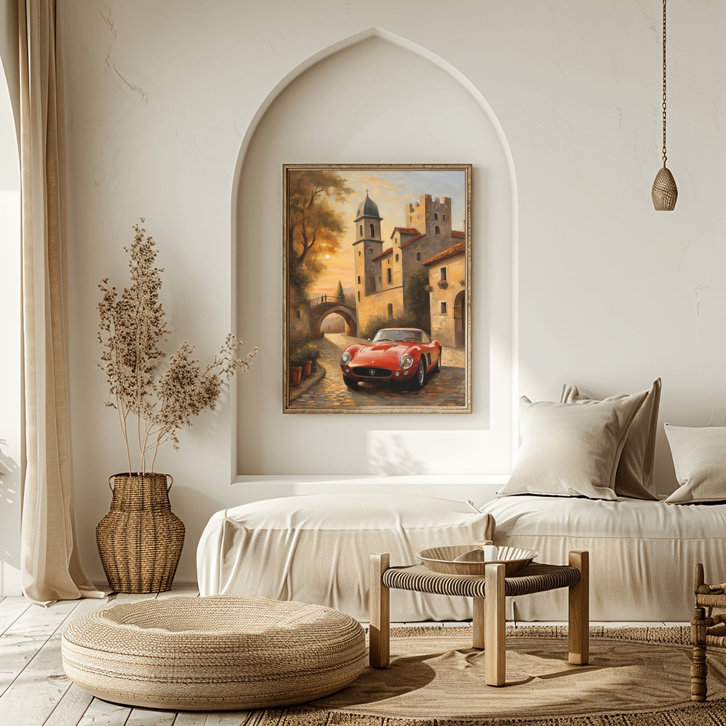 Luxury vintage art print of a classic red sports car in a European village displayed in a cozy modern living room