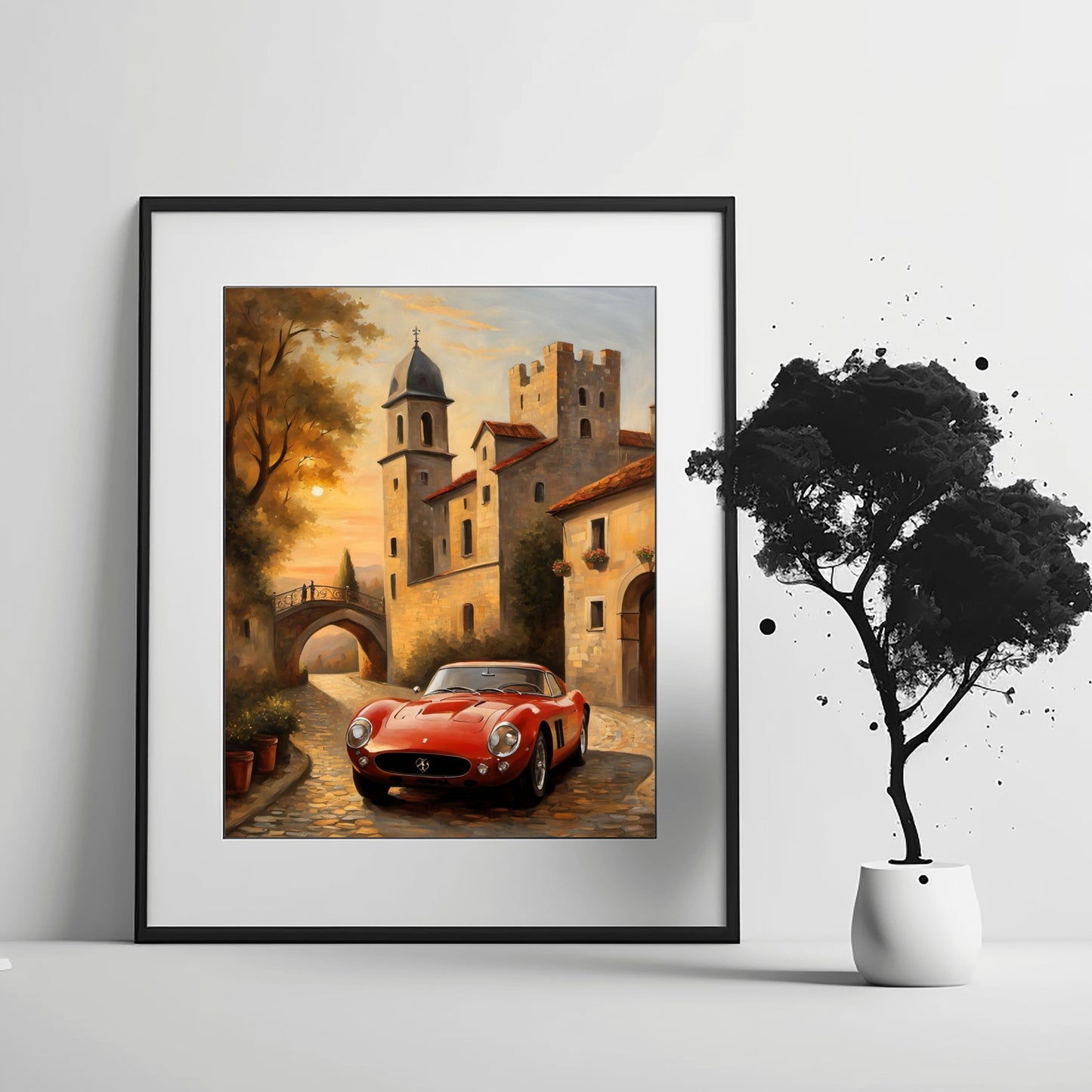 Framed luxury vintage art print of a classic red car on a cobblestone street in a historic town