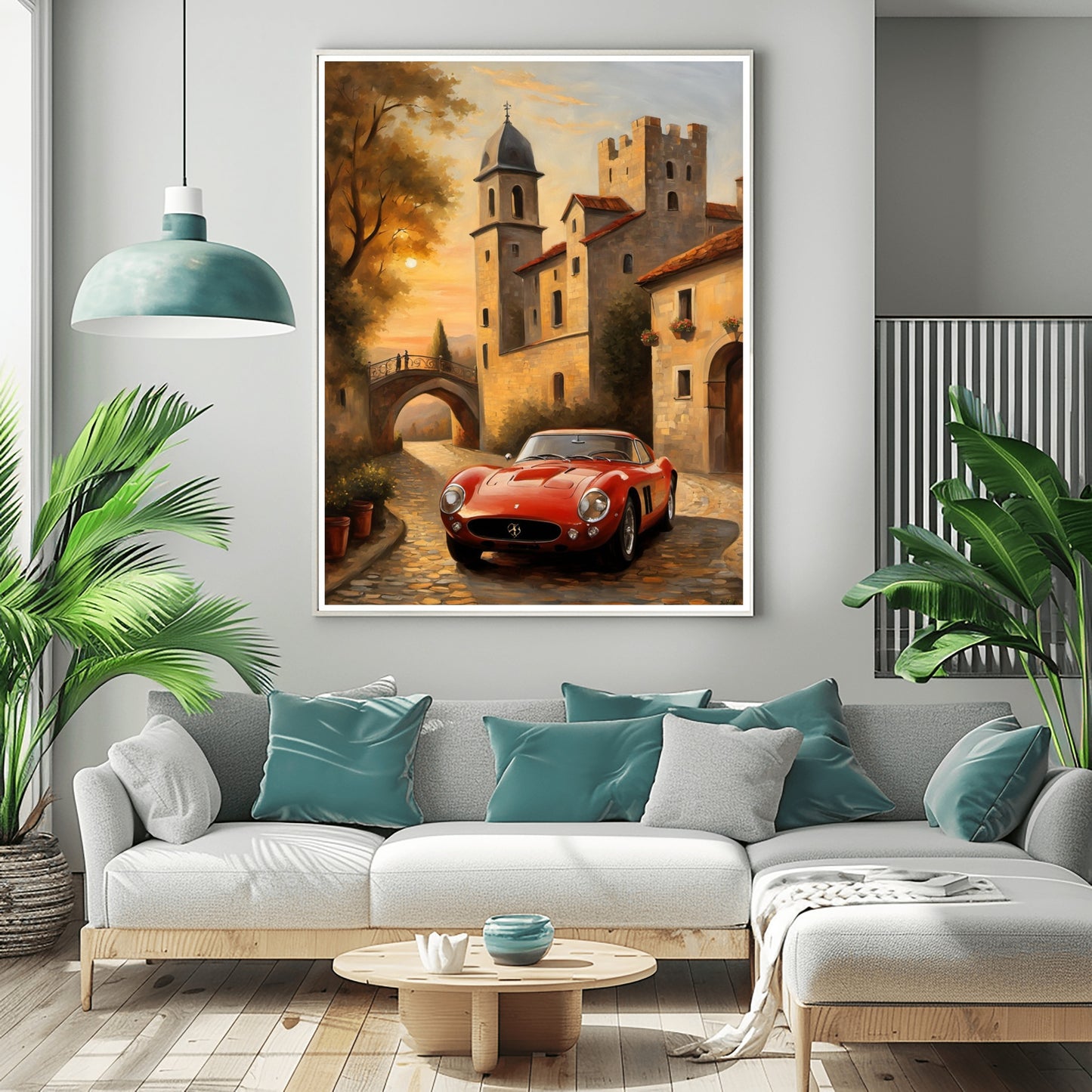 Luxury vintage art print of a classic red car in front of an old European village scene by AquilVision