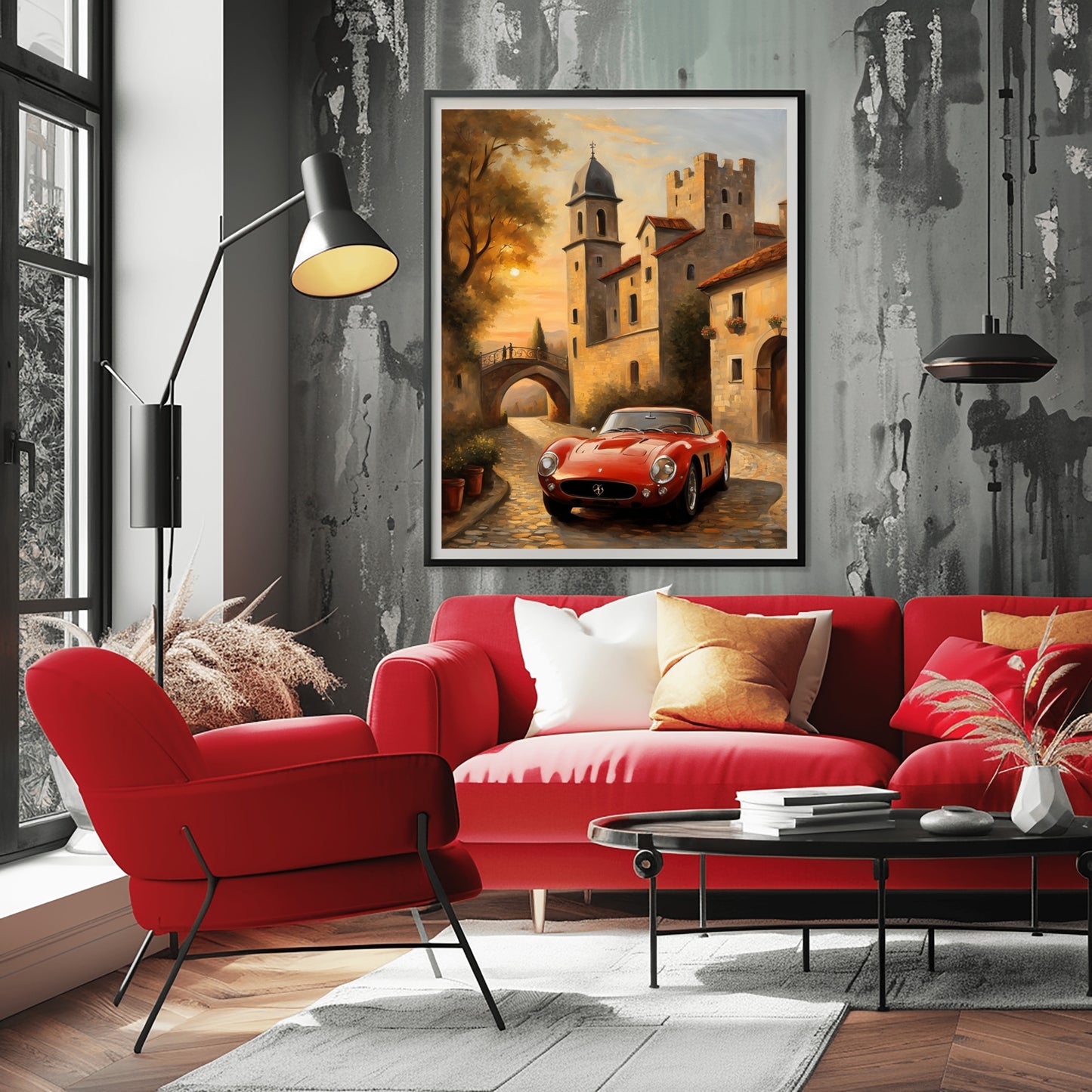 Luxury vintage art print of a red classic car in a historic European village displayed in modern living room