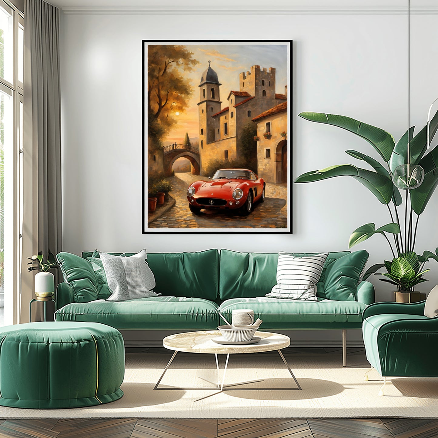 Luxury vintage art print of a classic red car on a cobblestone street with historic buildings