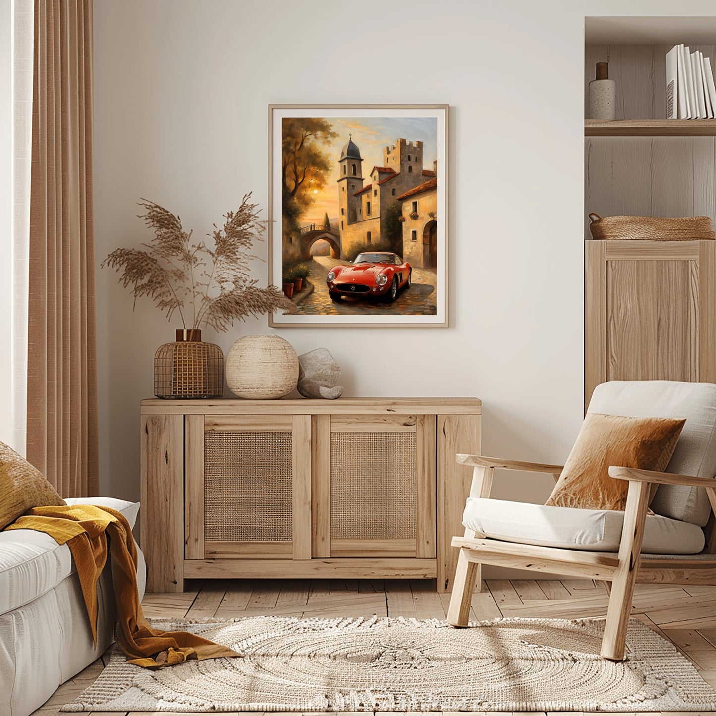 Luxury vintage art print of a classic red car in a nostalgic village setting by AquilVision in a cozy living room