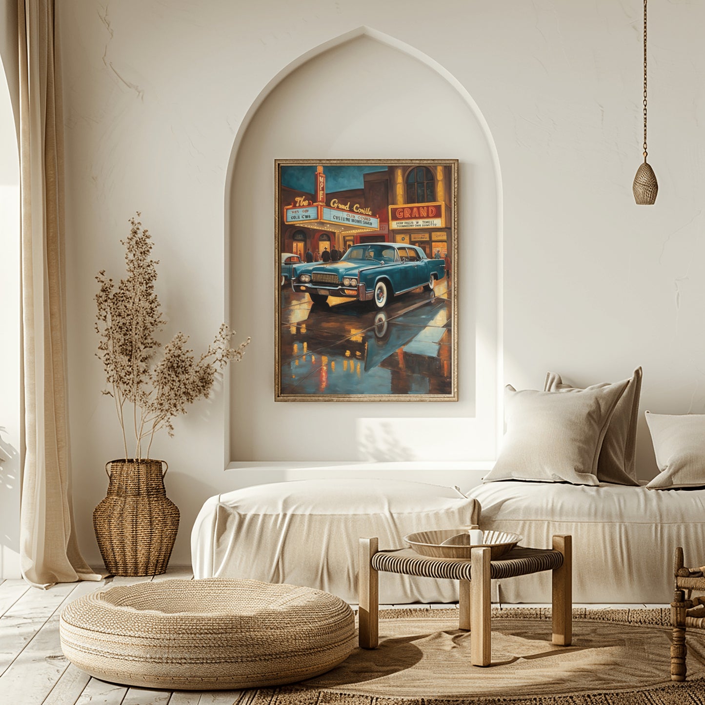 Mid-century theater entrance art framed on wall above neutral modern sofa in cozy living room