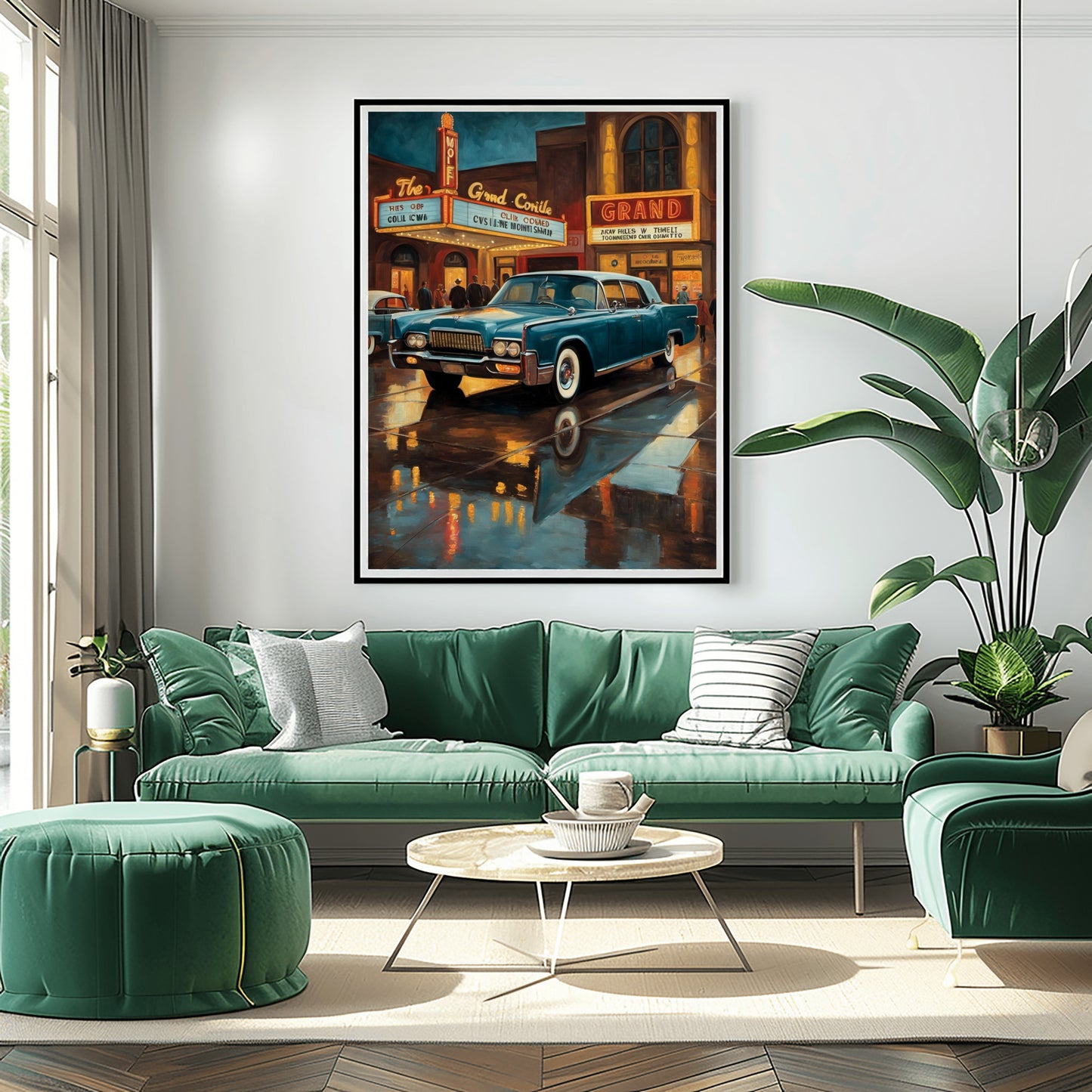 Mid-century theater entrance art featuring a classic car and vintage theater marquee in a modern living room