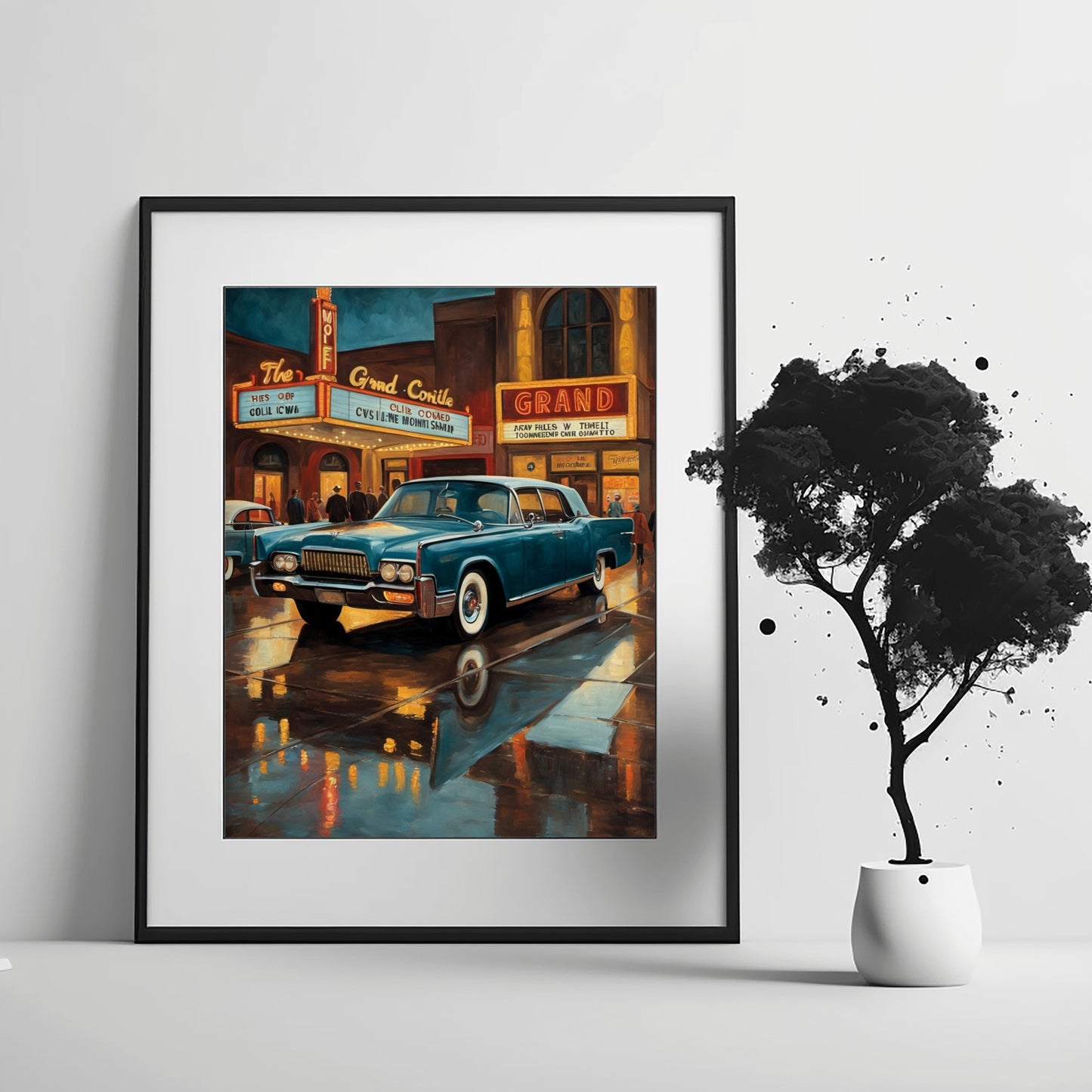 Framed digital artwork of a vintage car in front of mid-century theater entrance art by AquilVision