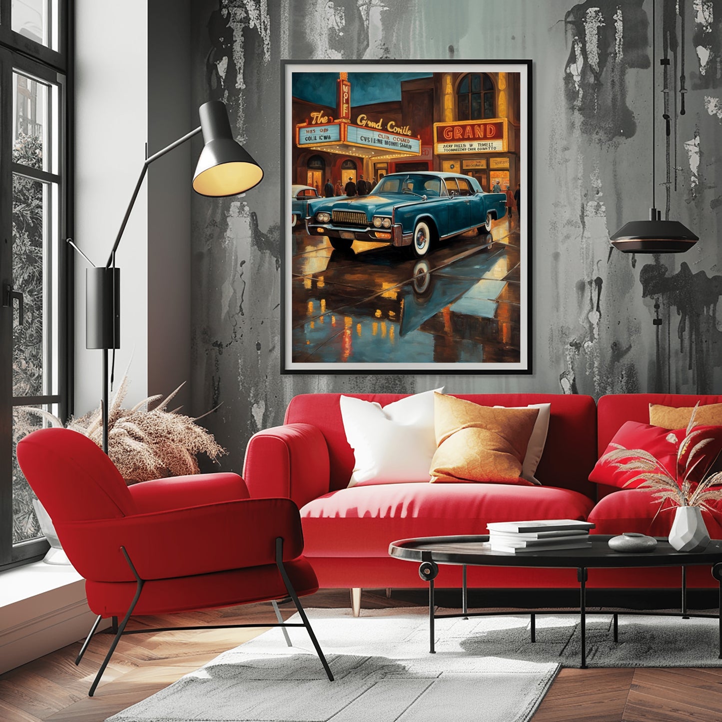 Mid-century theater entrance art featuring a vintage car parked outside a theater with bright marquee lights