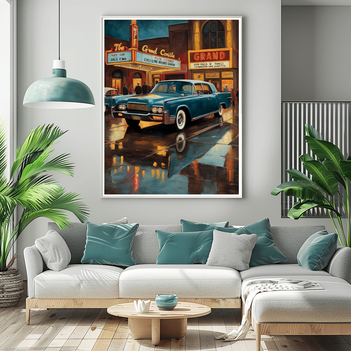 Mid-century theater entrance art featuring a vintage car in front of a grand theater at night