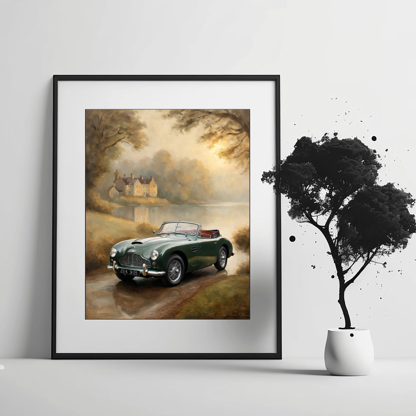 Misty lakeside vintage car print featuring a classic green convertible near a foggy lake and historic house