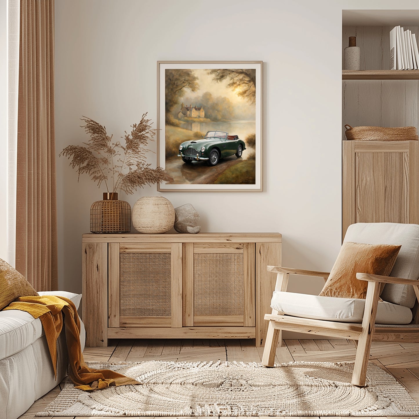 Misty lakeside vintage car print framed and hanging above wooden cabinet in cozy modern living room