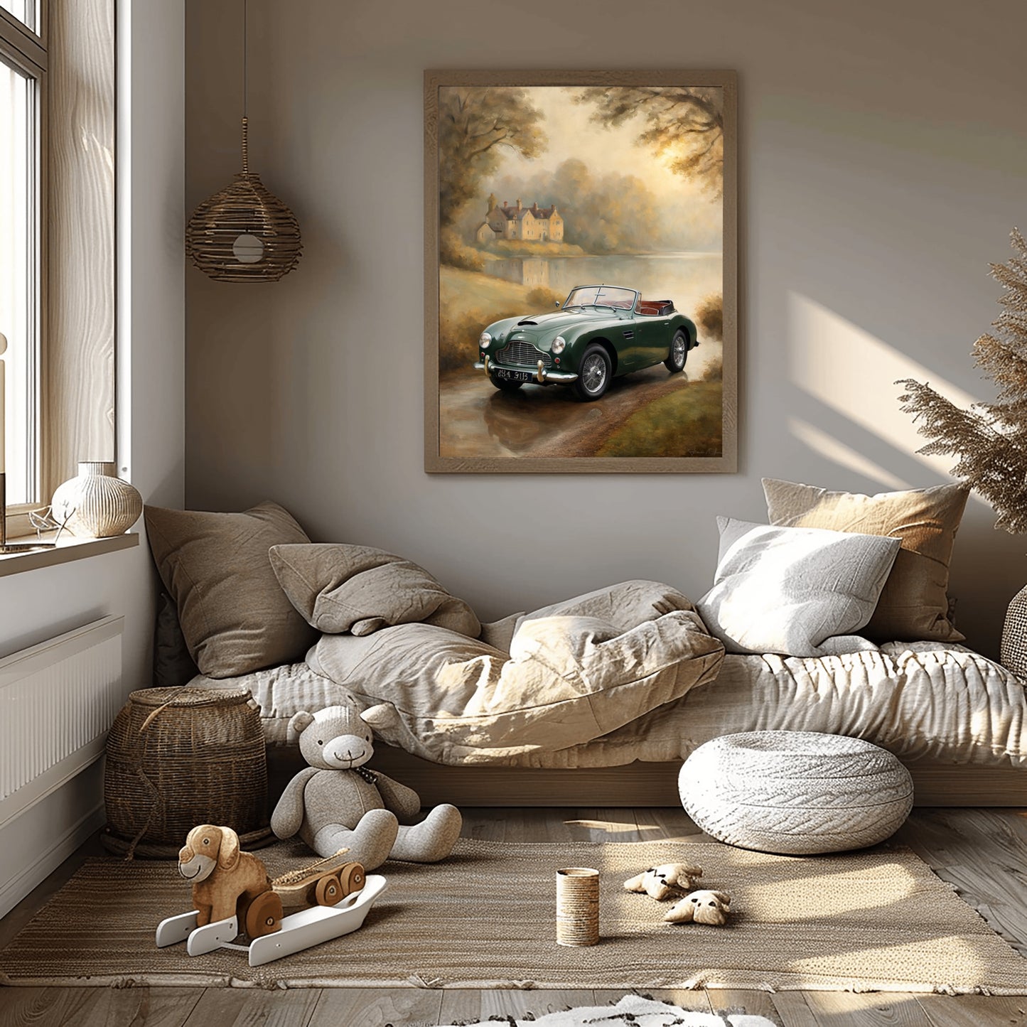 Misty lakeside vintage car print by AquilVision framed on wall in cozy modern living room